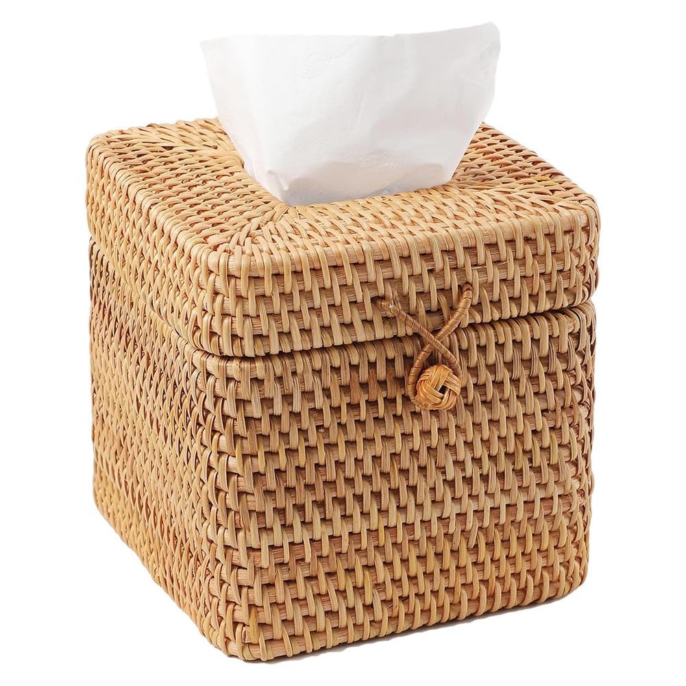 CTRLZS Rattan Tissue Box Cover Square, Hand Woven Wicker Tissue Holder with Hinged Top Lid, for Toilet Home