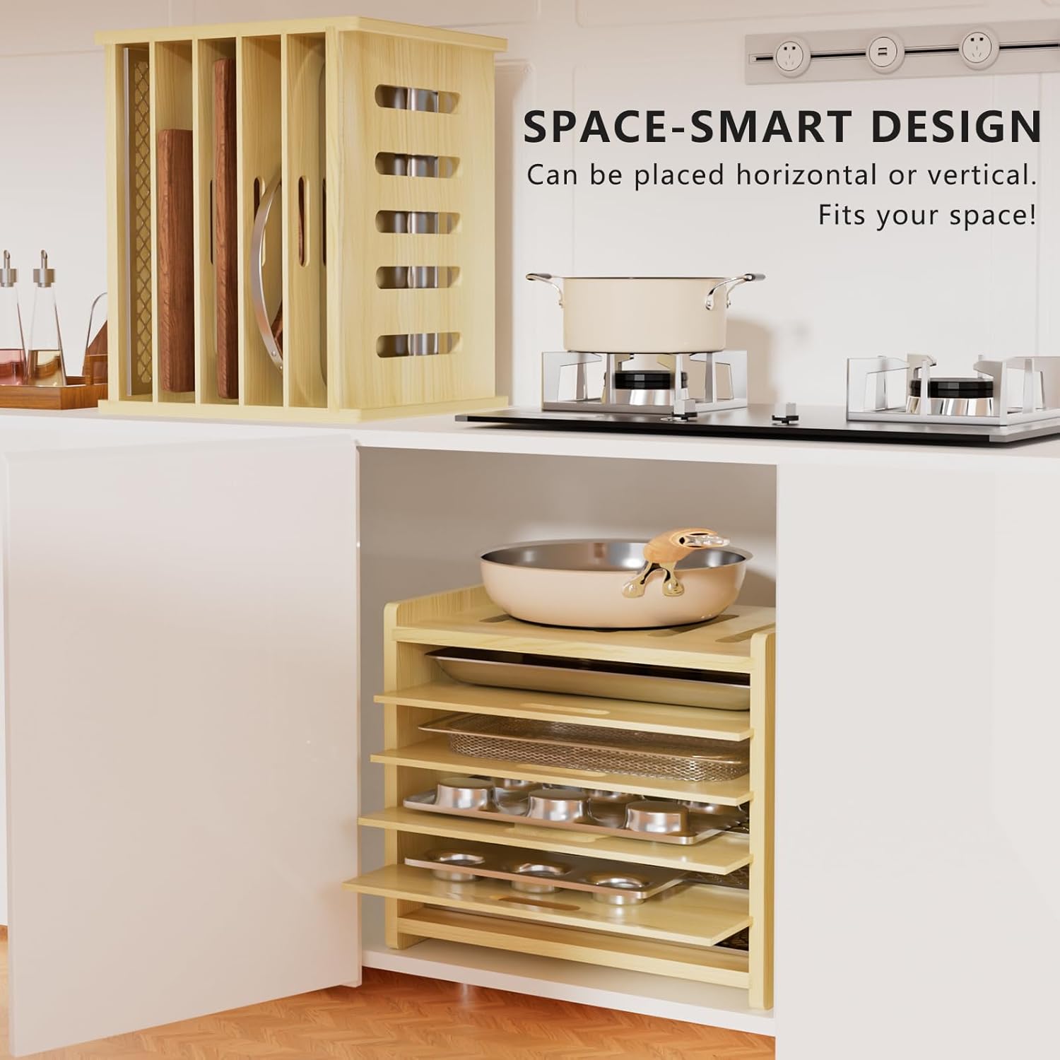 6 Tier Wooden Tray Dividers for Cabinets, Baking Cookie Sheet Organizer, Vertical/Horizontal Cabinet Dividers for Pots, Cutting Board, Pans, Kitchen Organizers and Storage
