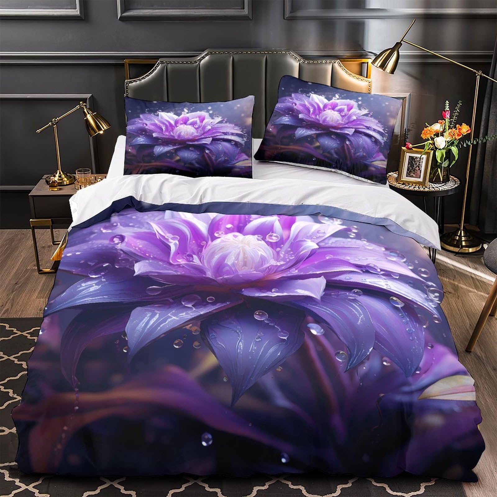 Housse de couette fleurs violettes 200x200 cm style jardin botanique