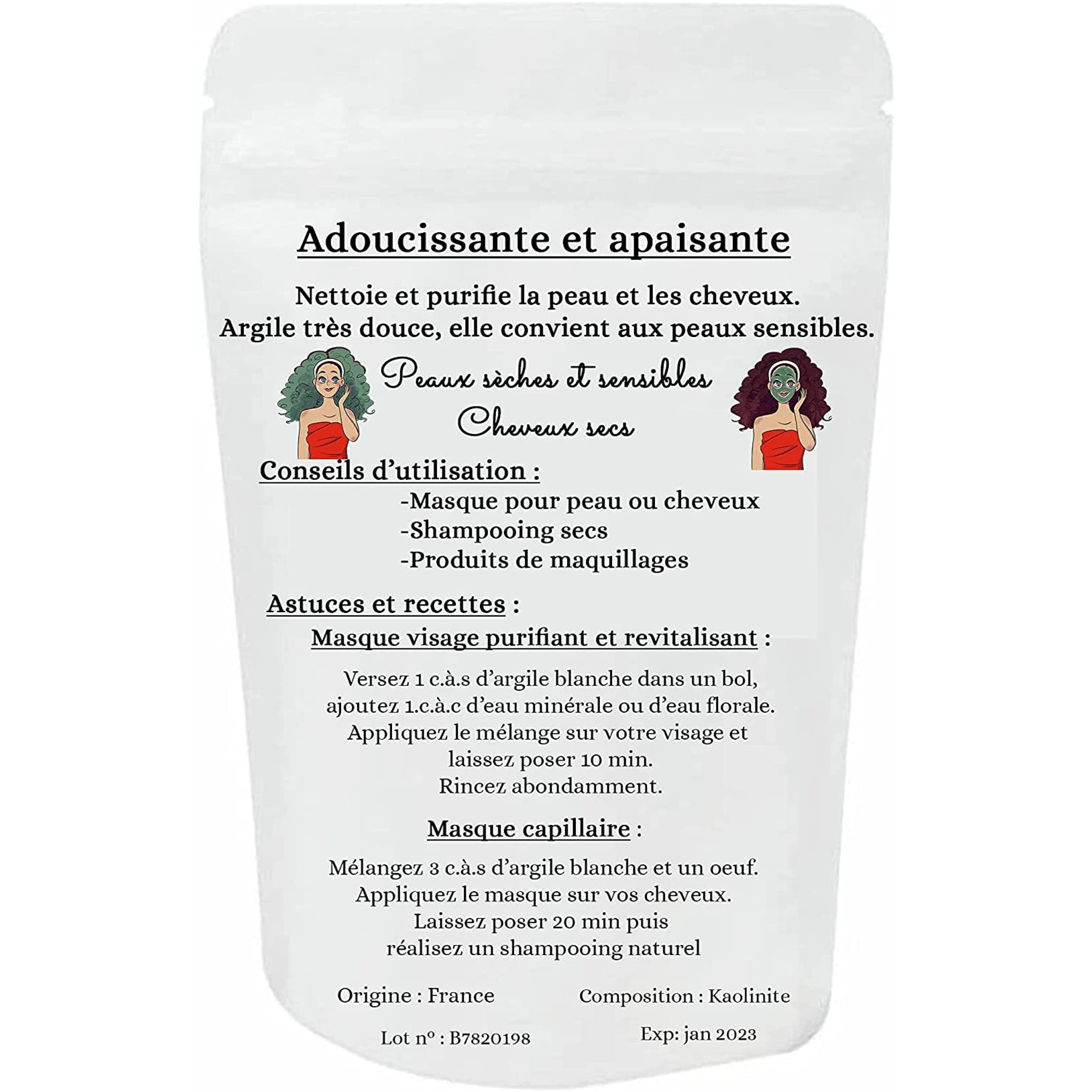 Argile blanche kaolin avec pinceau applicateur de masque en SILICONE -VISAGE, CORPS et CHEVEUX- Certifiée Eco-Cert -Reminéralise et favorise l'élimination des toxines