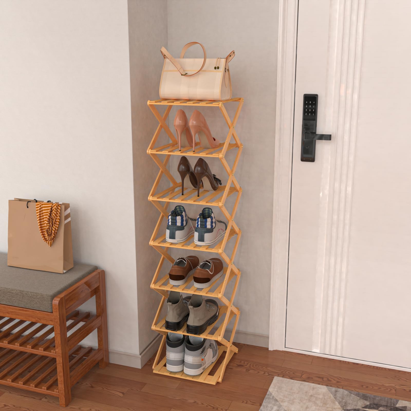 OHMG - Estantería de bambú plegable de 7 plantas, organizador de bambú, ideal para estante de zapatos, en el cuarto de baño y como estante de cocina, estante para decoración, poco espacio