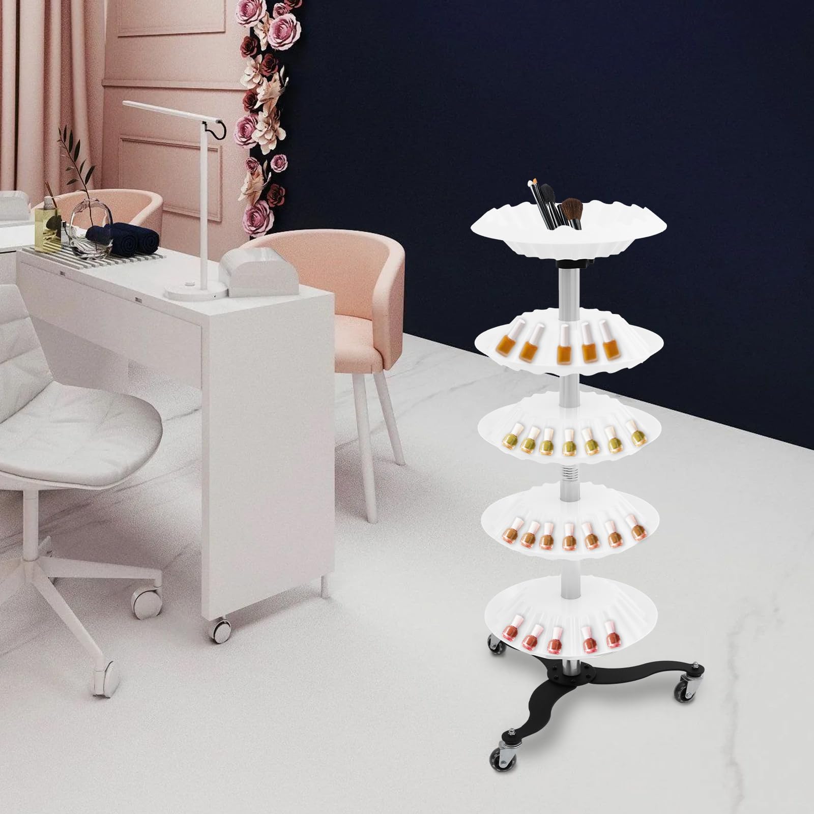 5-Tier Nagellack Drehgestell Nagellack-Display mit Rädern Nagellack-Wagen-Organisator Weiß, mit Rollen, Edelstahl und PP, 100 cm Höhe, Freistehend