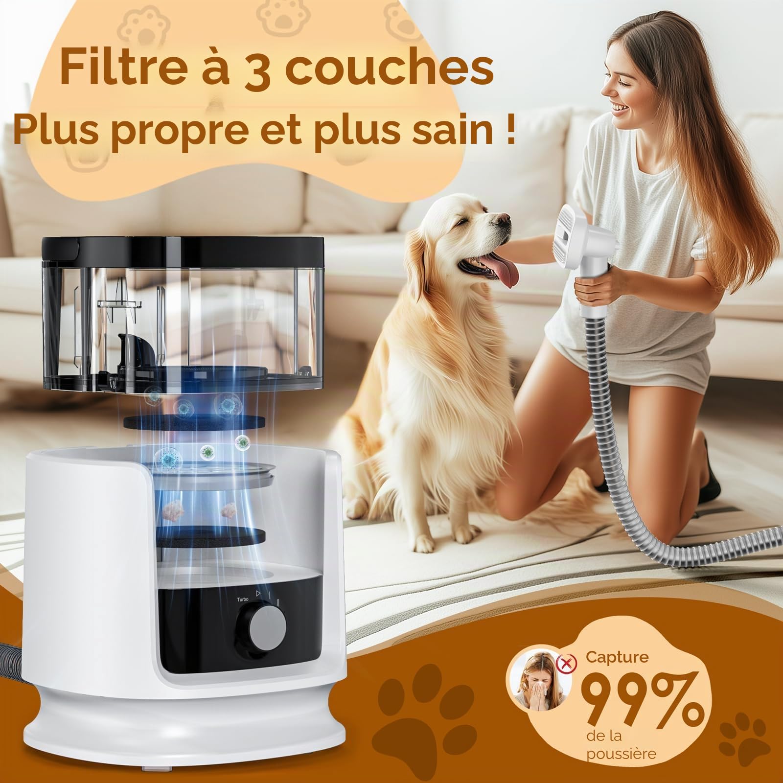 Rywell Aspirateur Poil de Chien de Grande Capacité de 4L, Kit de Toilettage pour Animaux de Compagnie avec 4 Modes Réglables (3/6/8/13 kPa) Filtration HEPA pour Perdre les Poils d'animaux