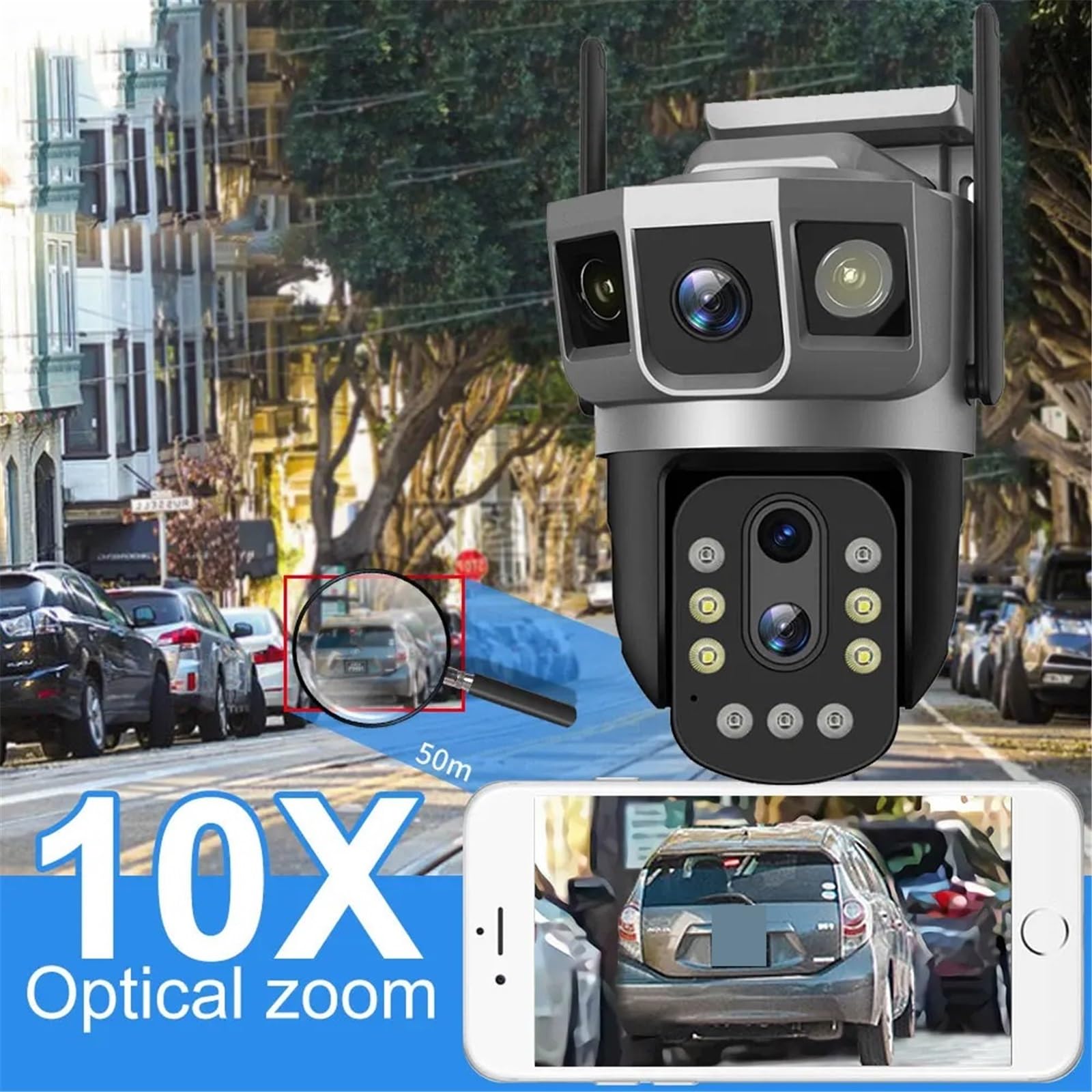 Kamera IP 4MP 6K, potrójny ekran, zoom optyczny, PTZ, wykrywanie ruchu, kolorowy, noktowizyjny monitor bezpieczeństwa(Camera 64GB Card)