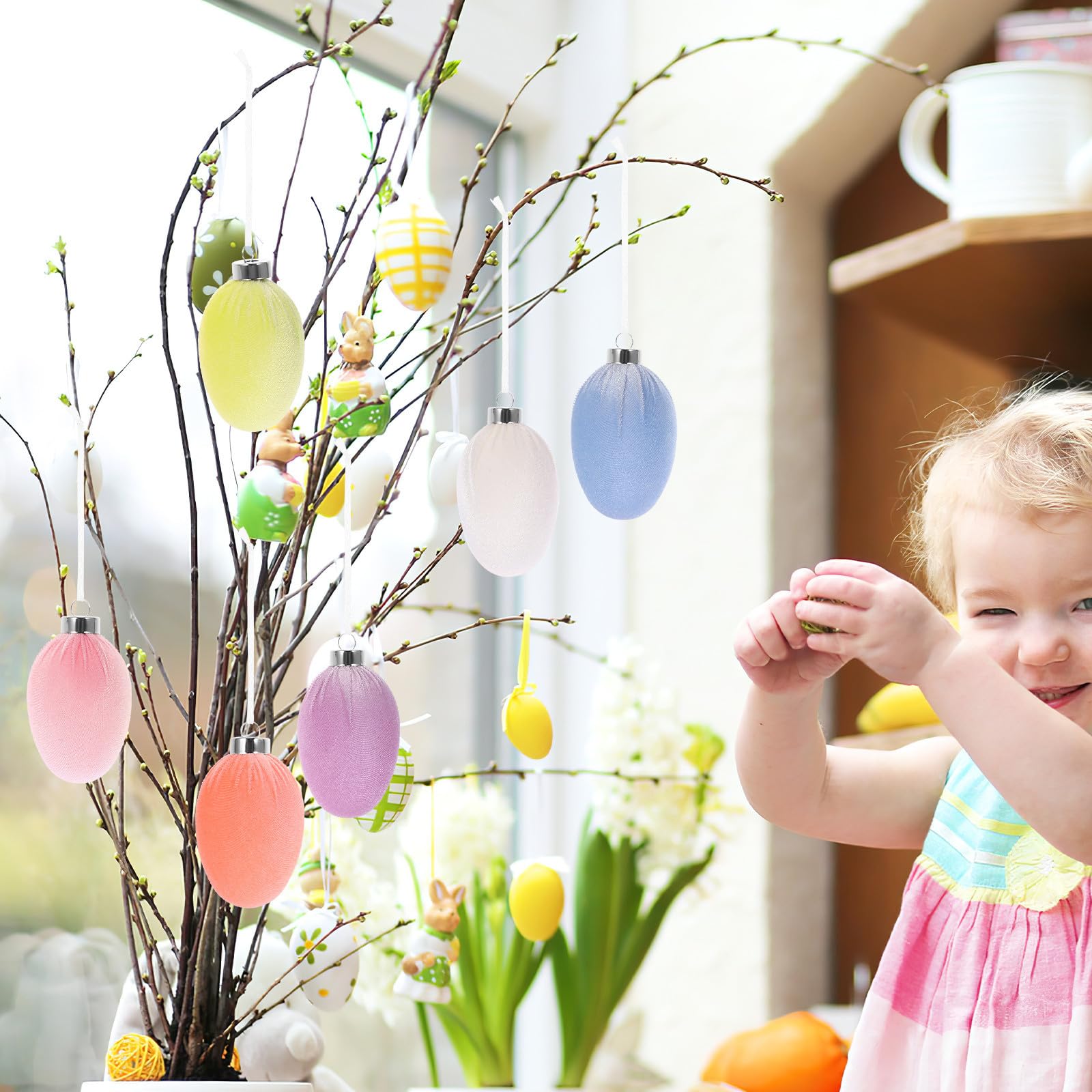 minkissy 36 Pezzi Uovo di Pasqua Decorativo Appeso in Plastica Floccata,