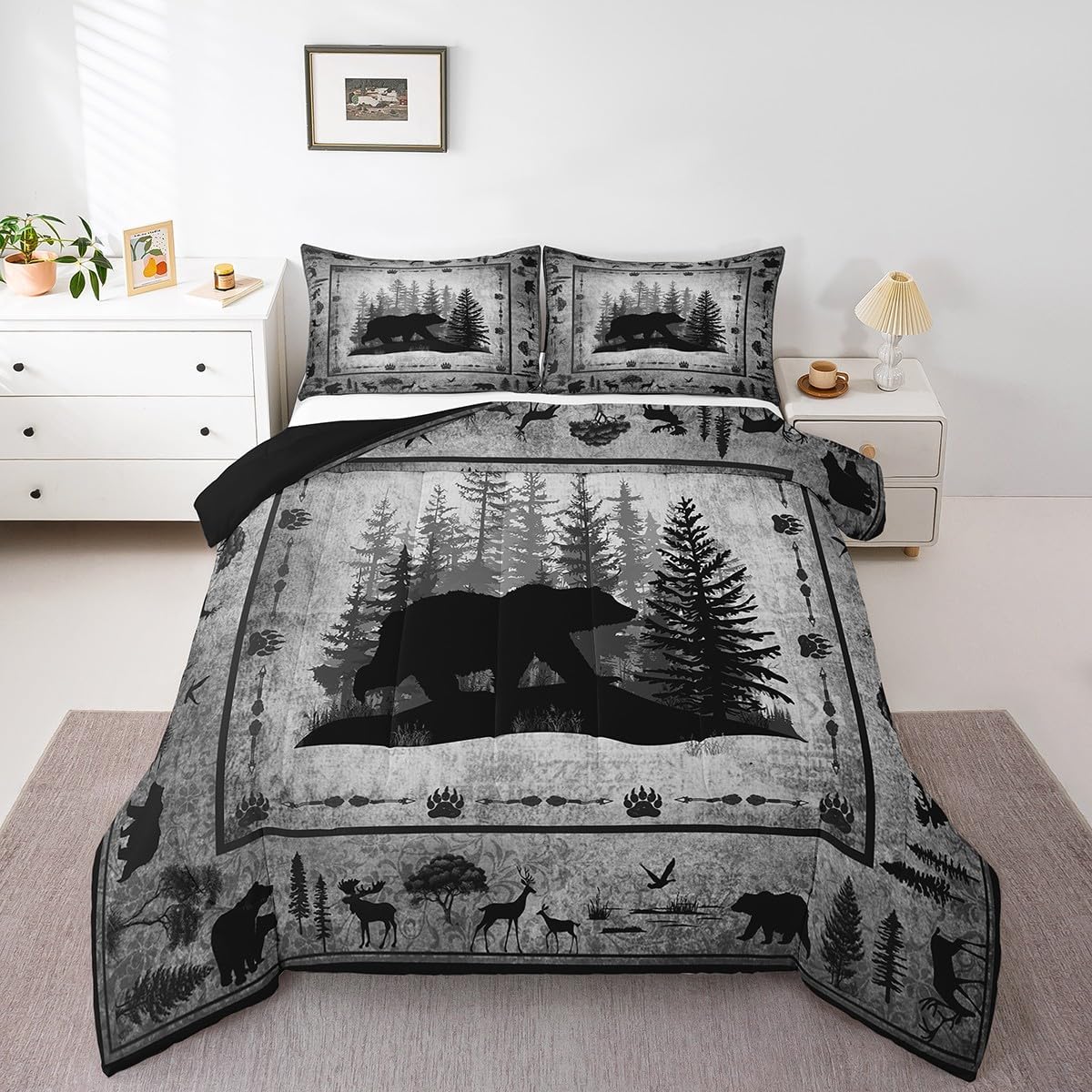 Feelyou Cute Bear Bedding Set Boys Girls Toddler, Farmhouse Bear Comforter Set Kids Women Ultra Soft Rustic Duvet Quilt Set