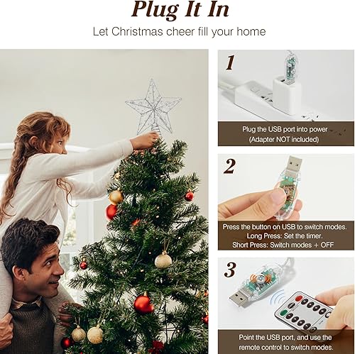 Miniatura 89 de Lewondr Decoración para árbol de Navidad, control remoto alimentado por USB, temporizador de 6 horas, estrella de árbol controlada con luces y Plata