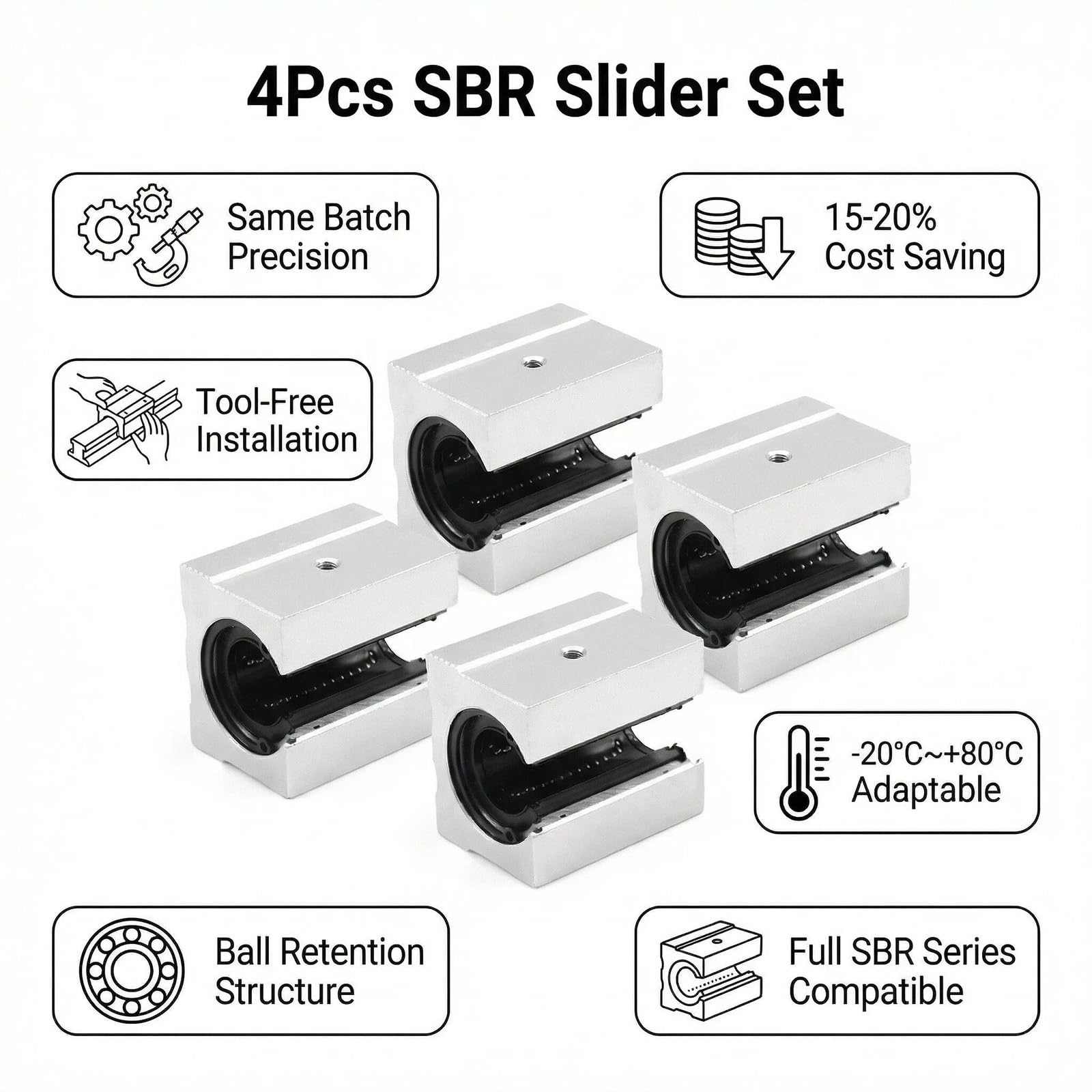 Ensemble de 4 Blocs Linéaires à Glissière SBR20UU - Aluminium de Haute Précision pour Rail de Guidage 20mm - Idéal pour Imprimante 3D, Fraiseuses CNC et Machines de Gravure - Performance Fluide et Lon