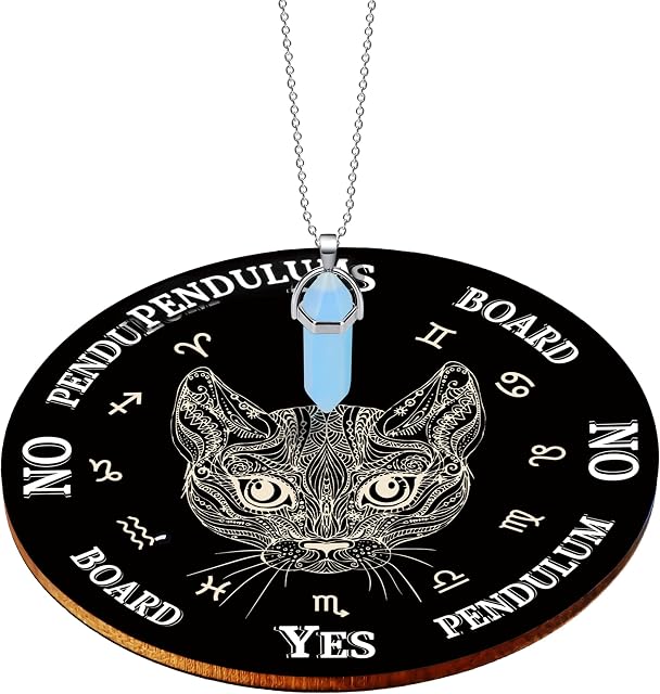 Black Cat Pendulum Board Wooden Divination Board Metaphysical Dowsing Board with White Crystal Dowsing Pendulum Necklace for Witch Wiccan Altar Supplies Witchcraft Kit for Dowsing and Divination