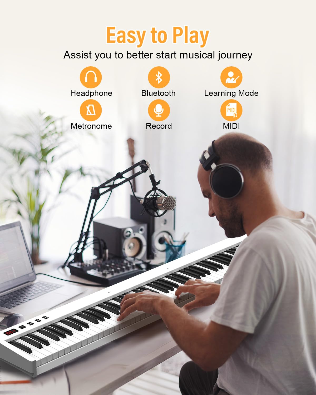 Piano digital de 88 teclas, teclas semipesadas, sensibles al tacto, con soporte X y Bluetooth MIDI, perfecto para práctica en casa, ahorro de espacio y amigable con los vecinos, incluye pedal de