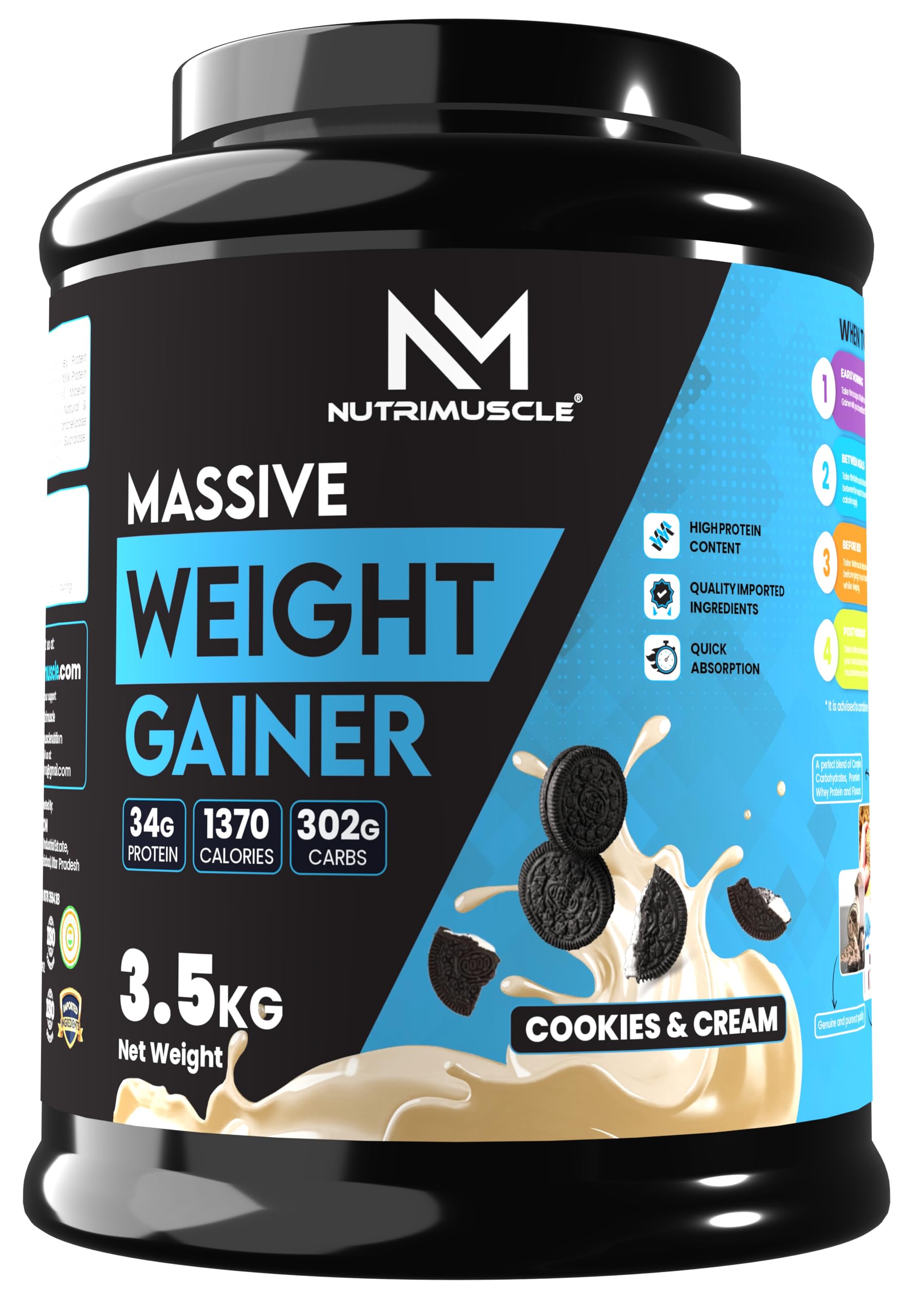 Nutrimuscle ® Massive Weight Gainer - 3.5 Kgs - Cookies and Cream Flavour - Contains Complex Carbohydrates for Healthy Weight Gain