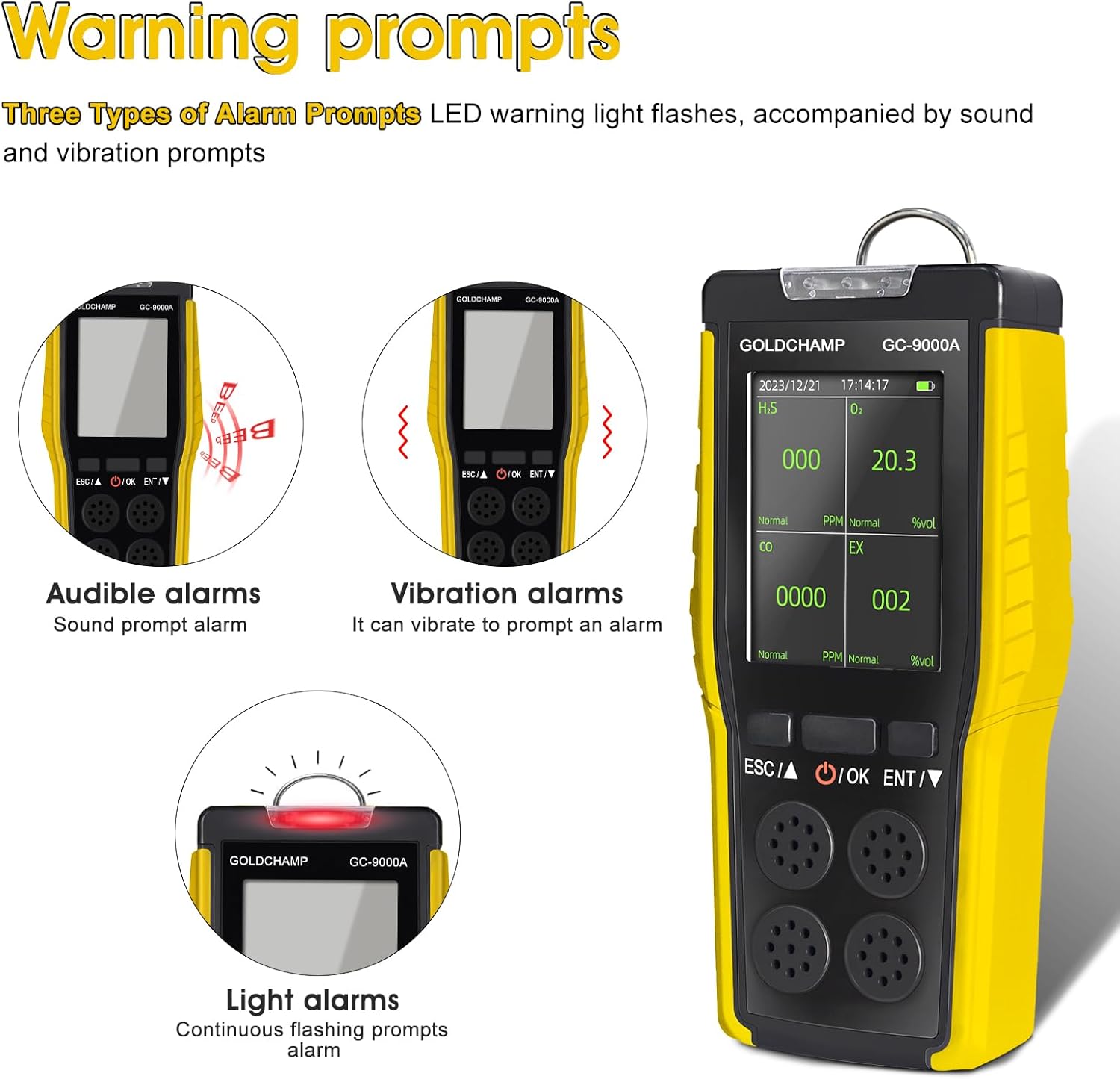 Illustration of the three alarm modes: audible, vibration, and visual, on the GOLDCHAMP GC-9000A Gas Detector