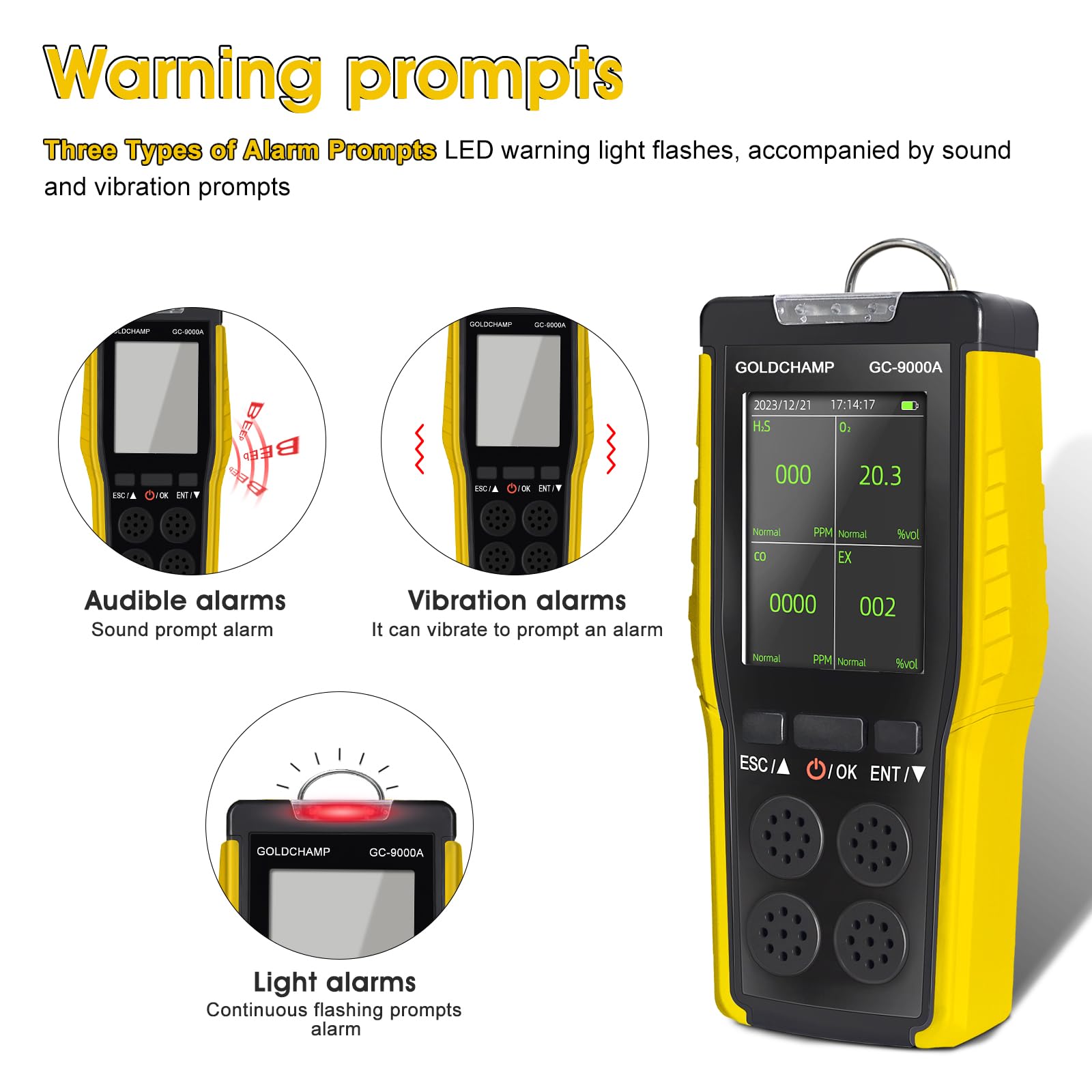 Détecteur de gaz 4 en 1 pour combustible/O2/H2S/CO, alarme son/lumière/vibration et écran LCD détecteurs de fuite de gaz pour la maison + anémomètre portable, 5 unités et interrupteur ℃/℉, testeur de