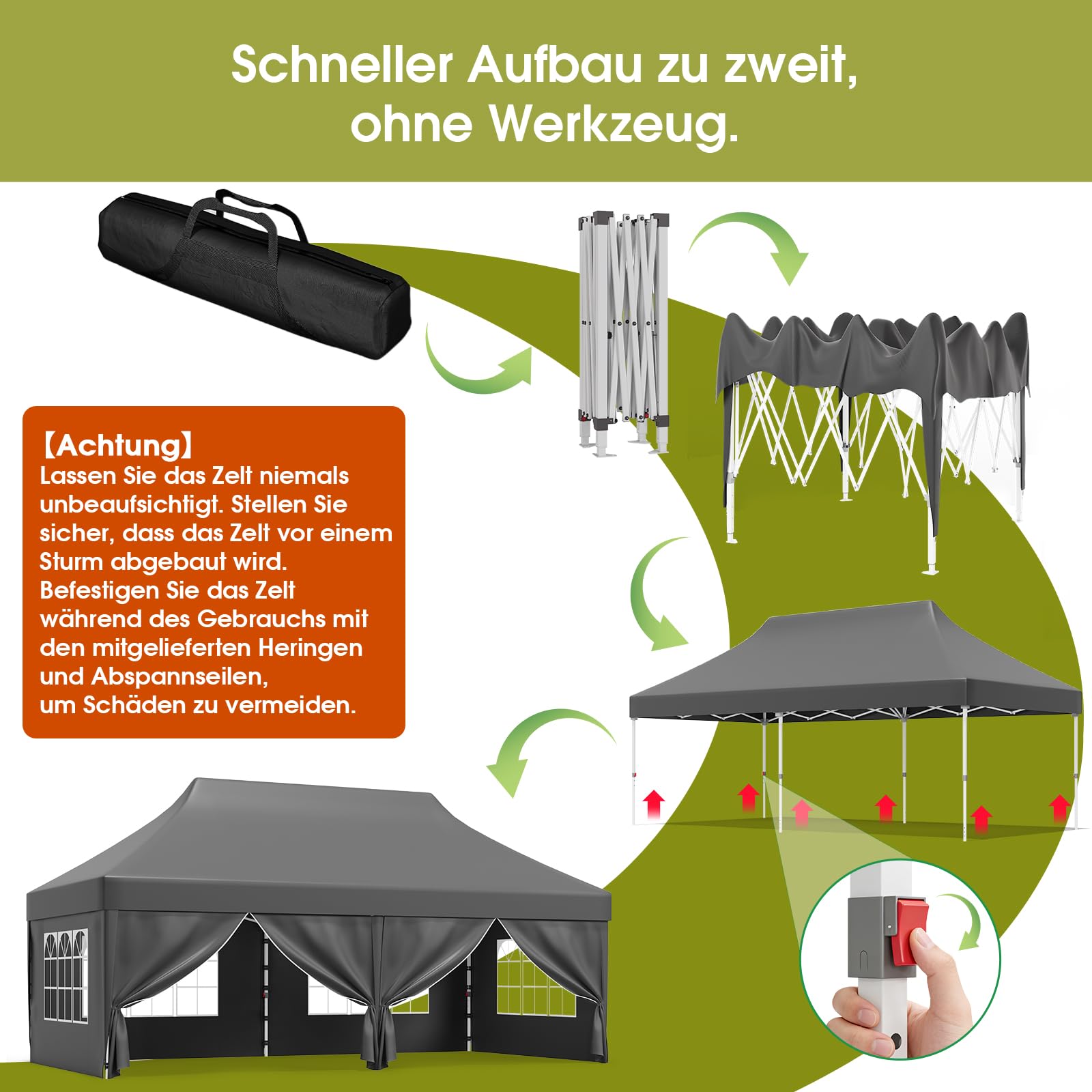 JUMMICO Gazebo pieghevole 3 x 6 con punta alta, prestazioni di protezione antipioggia migliorate del 60%, UV 50+, gazebo 3x6, impermeabile, stabile, resistente all'inverno, riparo con pareti laterali