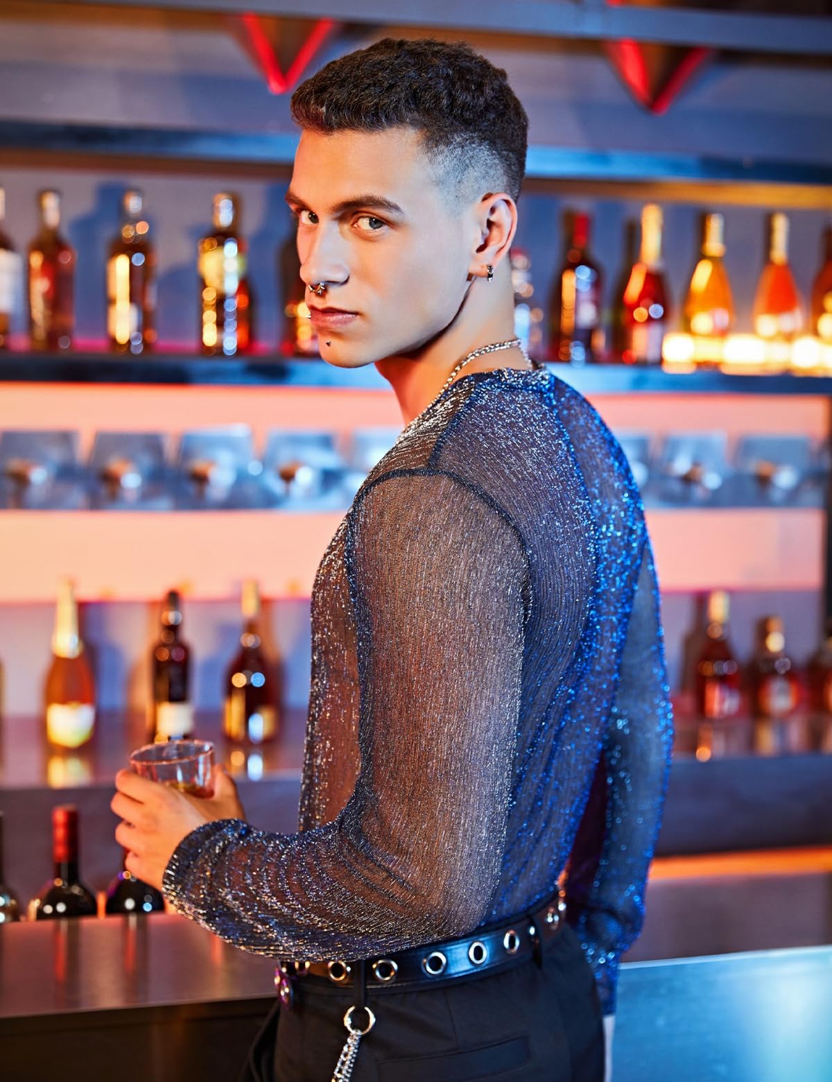 Casey Kevin Camiseta Transparentes Manga Larga Hombre Brillo Lentejuelas Rejilla Camisa Fiesta Plateada Brillante Ropa Sexy Top Fiesta Discoteca Punk Nocturno Jazz Rock Hip Hop Dance Clubwear