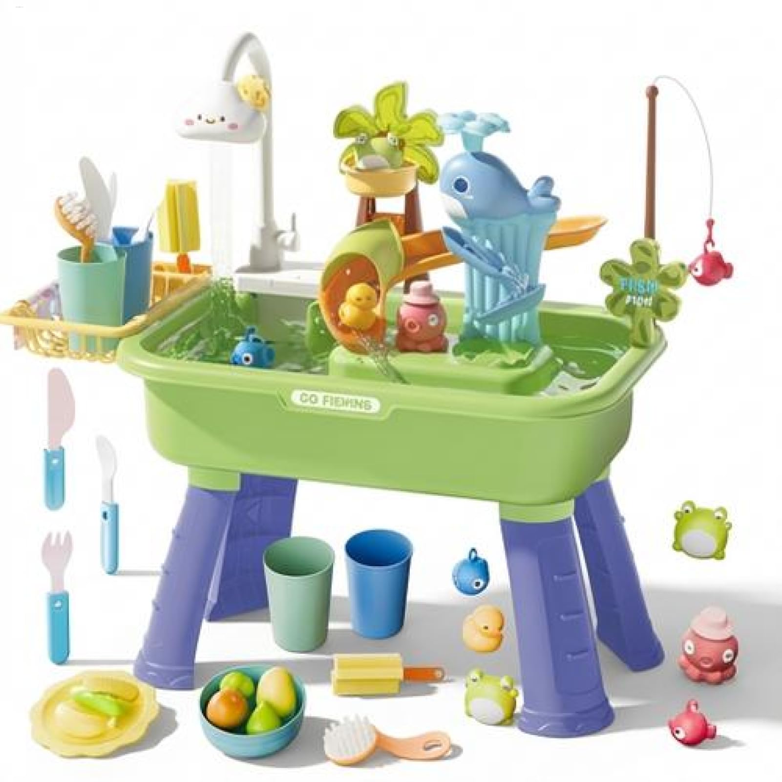 Water Tables For Kids, Electric Play Sink With Running Water - 4-in-1 Activity Table With Fishing Pond And Toy Kitchen Accessories, Detachable Legs, For children Ages 1-3 3-5, Outdoor Garden