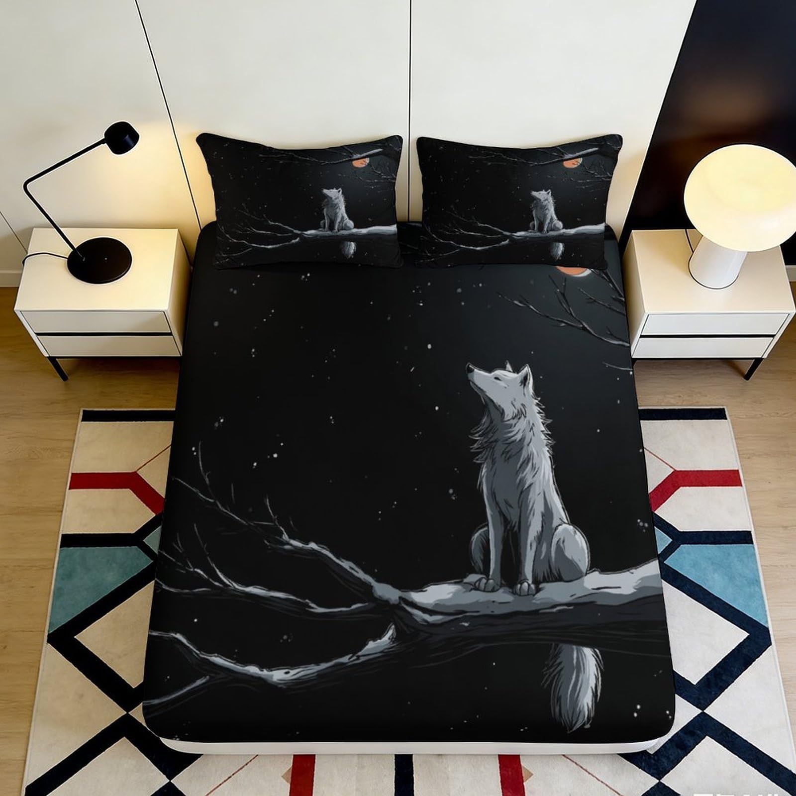 Jqzkxnhpbr Style-1 3D Printed Moonlit Wolf Fitted Sheet Microfiber Soft Black Forest Mattress Cover For Bedroom Dorm Decoration 90X200x25cm