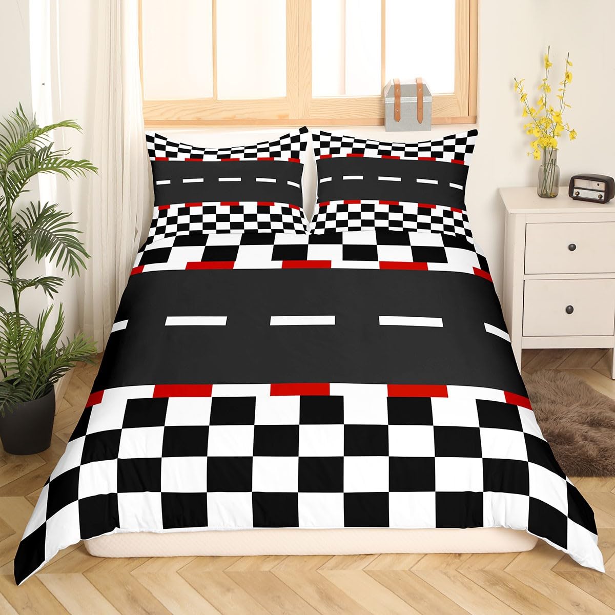 Racing Track Duvet Cover,Kids Black White Grid Bedding Set,Speed Race Car Comforter Cover for Boys Girls Room Decor,Extreme Sports Lightweight Bedspread Cover Single Size with 1 Pillow Case - Image 3