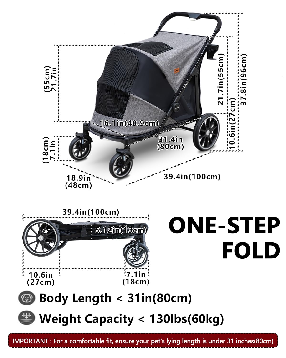 Passeggino pieghevole con un pulsante fino a 50 kg, per cani di grandi dimensioni, per 2 gatti di grandi dimensioni, ruote in gomma resistente all'usura a 360°