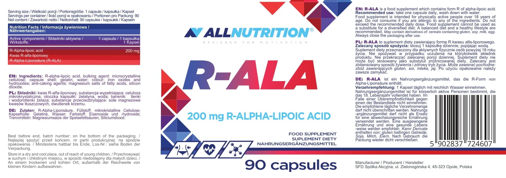 ALLNUTRITION Adaptogeny dla lepszej odporności i równowagi ciała Codzienny element diety Zdrowy suplement Dobre wsparcie treningu Witaminy Minerały 90 kapsułek R-ALA