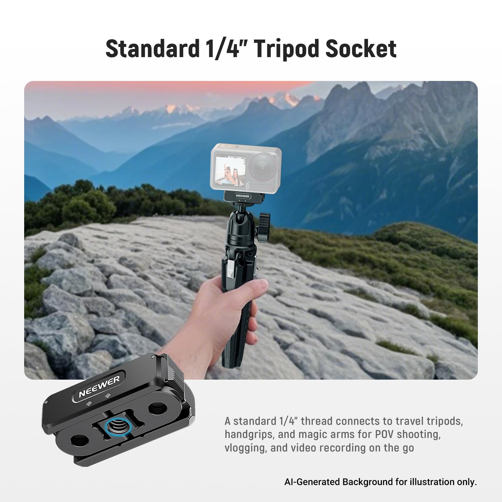 NEEWER AC011 Magnetyczny adapter do montażu kompatybilny z DJI Osmo Action 5 Pro/4/3, ulepszony metalowy uchwyt na kamerę akcji, akcesoria do vlogowania z gwintem statywu 1/10.2 cm