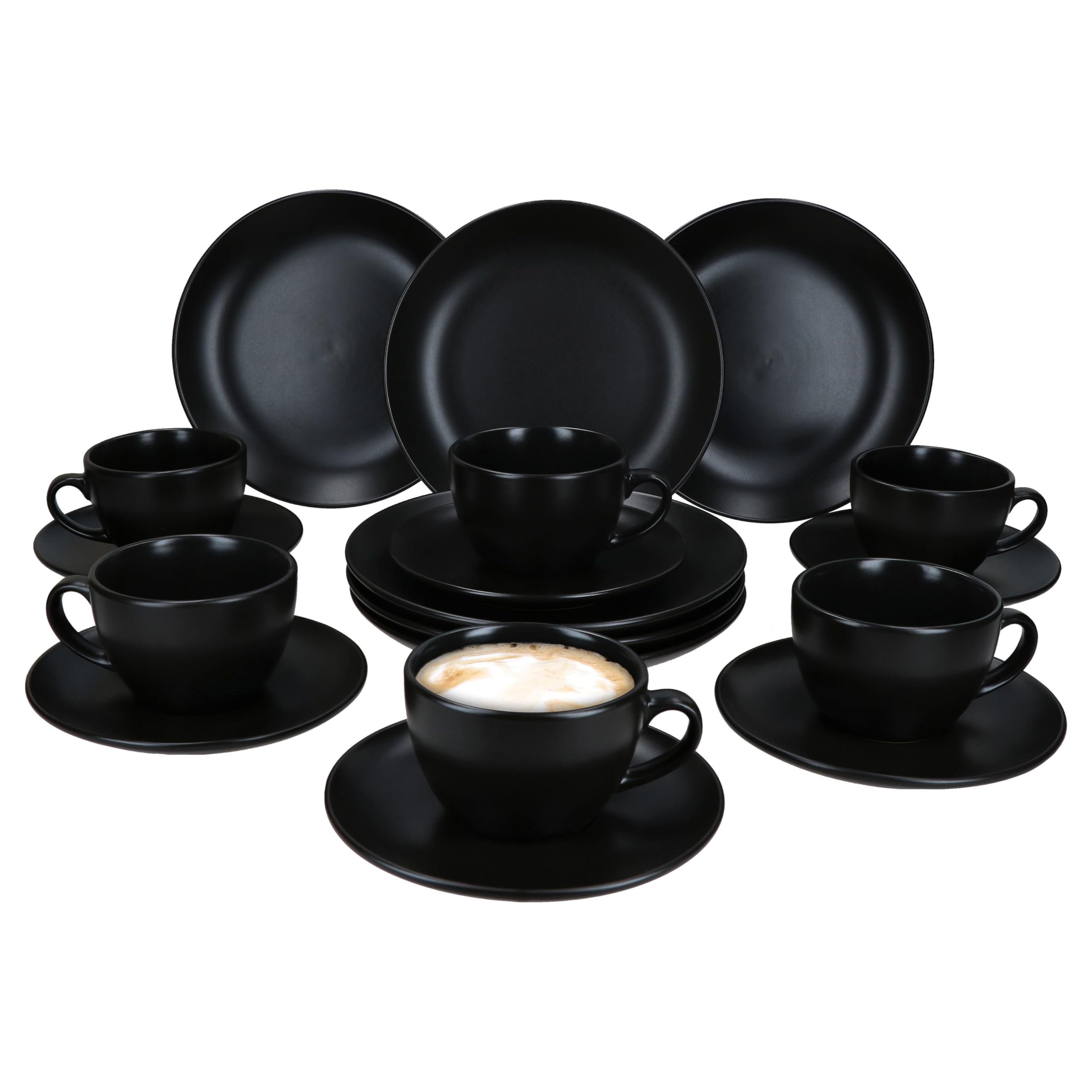 MamboCat Panther Servizio da caffè 18 pezzi, nero, set da caffè in gres opaco per 6 persone, 6 tazze da caffè da 160 ml, piattini e piatti da torta, eleganti stoviglie per colazione e caffè