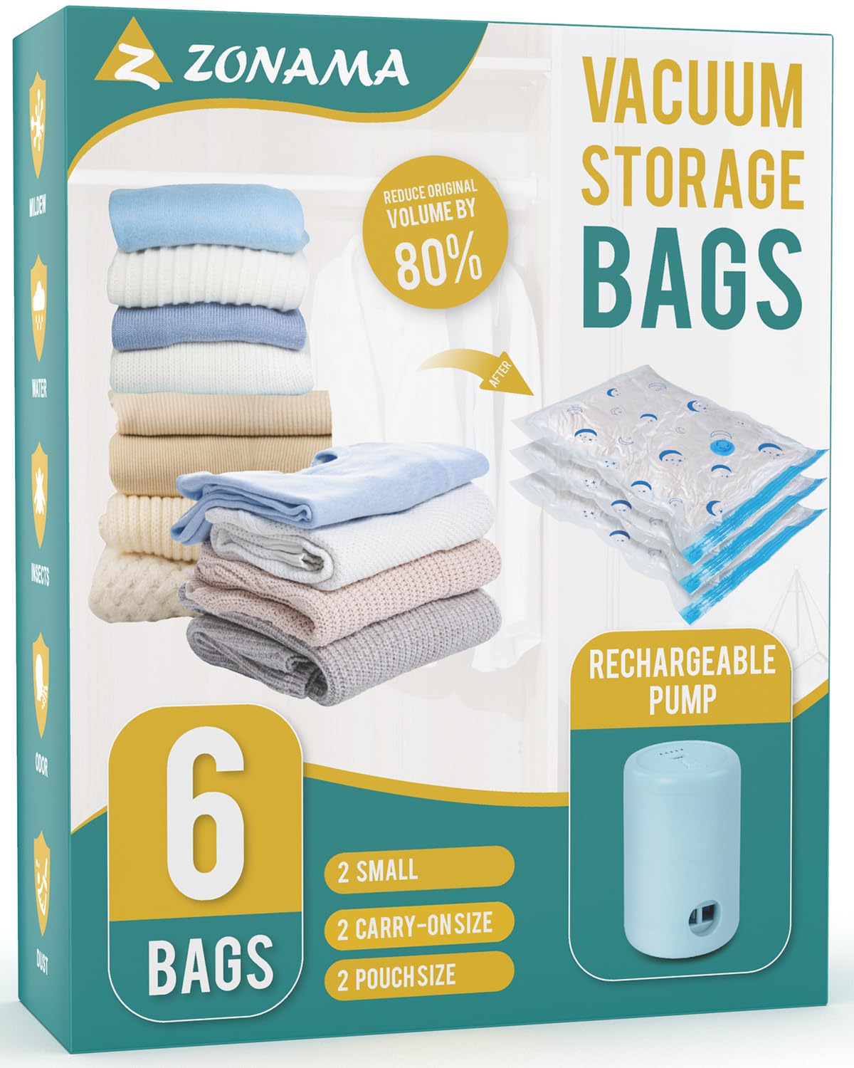 Vacuum Storage Bags with Electric Pump, 6 Pack Vacuum Sealed Bag with 1500mAh Rechargeable Battery for Clothes, Blanket, Duvets, Pillows, Comforters, Travel