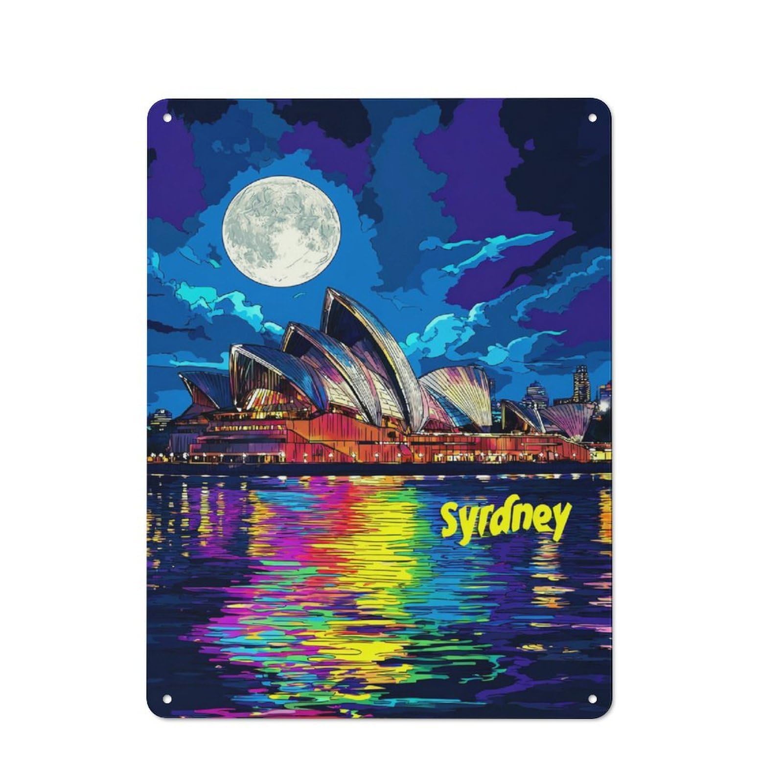 Junmoney Colorful Sydney Opera House Reflection Tin Wall Plaque 40X30cm With For Bar Or Restaurant, Suited To Restaurant Interior Fans