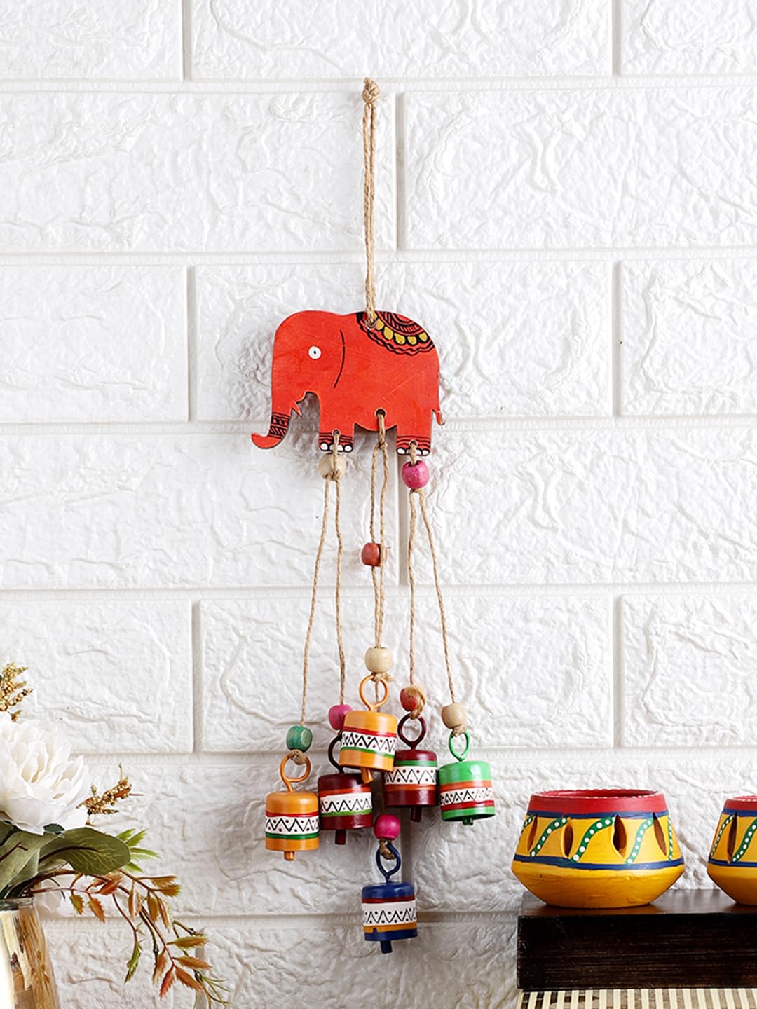 VarEesha Hand Painted Red Elephant Wall Hanging Wind Chime with Small Bells | Outdoor/Indoor Hanging Bells | Wooden Wind Chime/Bells for Home Balcony Garden Bedroom Decoration Item-image-21