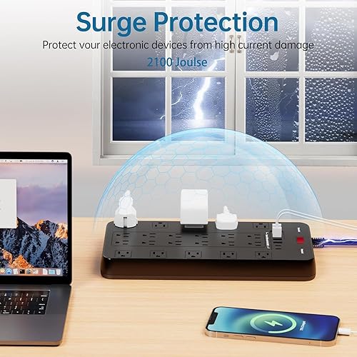 Miniatura 3 de Regleta protectora de sobretensiones con 22 tomas, 6 puertos USB (2 USB C), 1875 W/15 A, cable de extensión de enchufe plano de 6.5 pies con