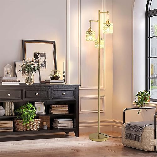 Miniatura 6 de Lámpara de pie industrial, lámpara de pie regulable, lámpara de árbol dorado, lámpara de pie con 3 elegantes pantallas de cristal para sala de