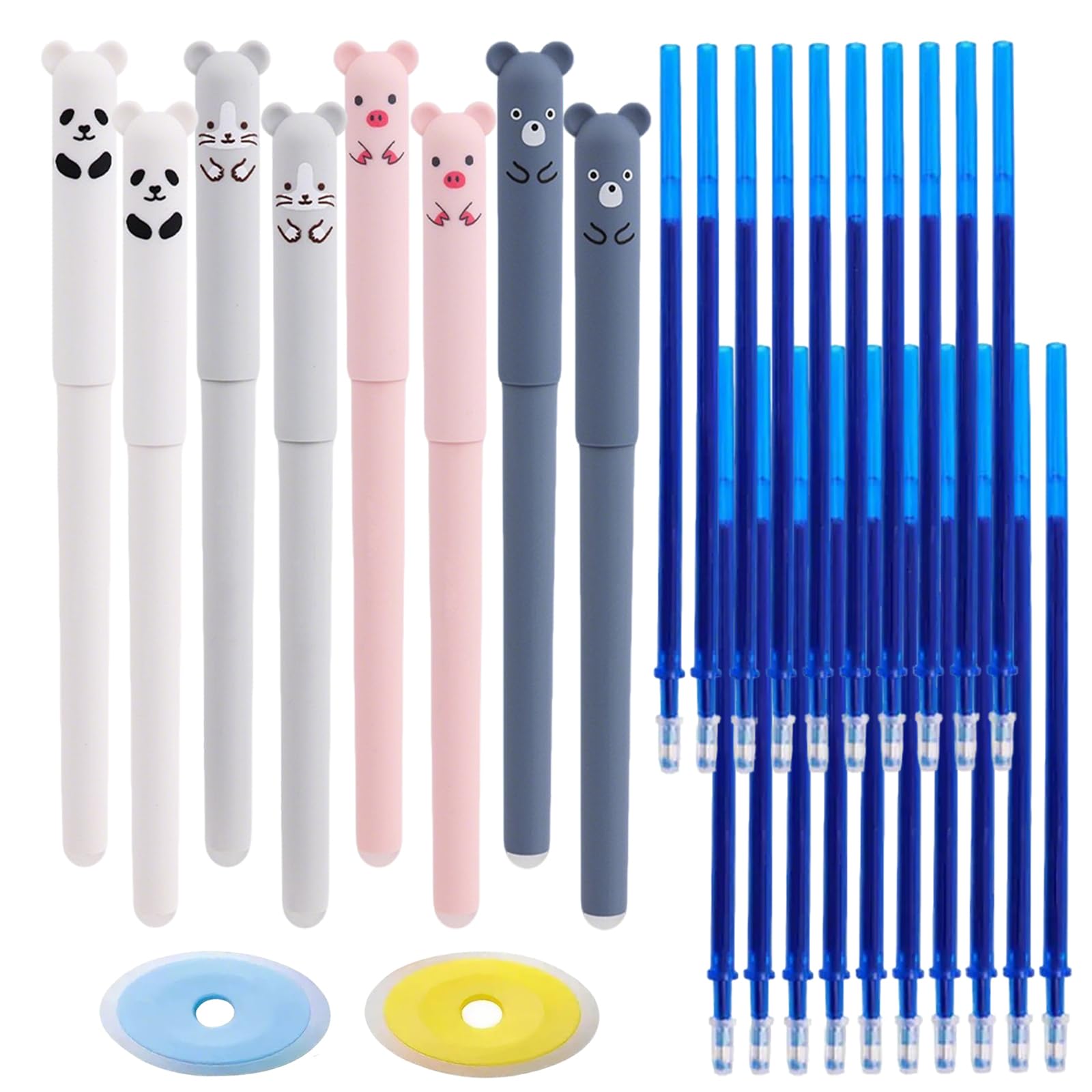 8 Pcs Erasable Pens, 0.5 cm Animal Rub Out Pens, Erasable Animal Pen for Stationery Office Supplies with 2 Eraser and 20 Refill (Black)