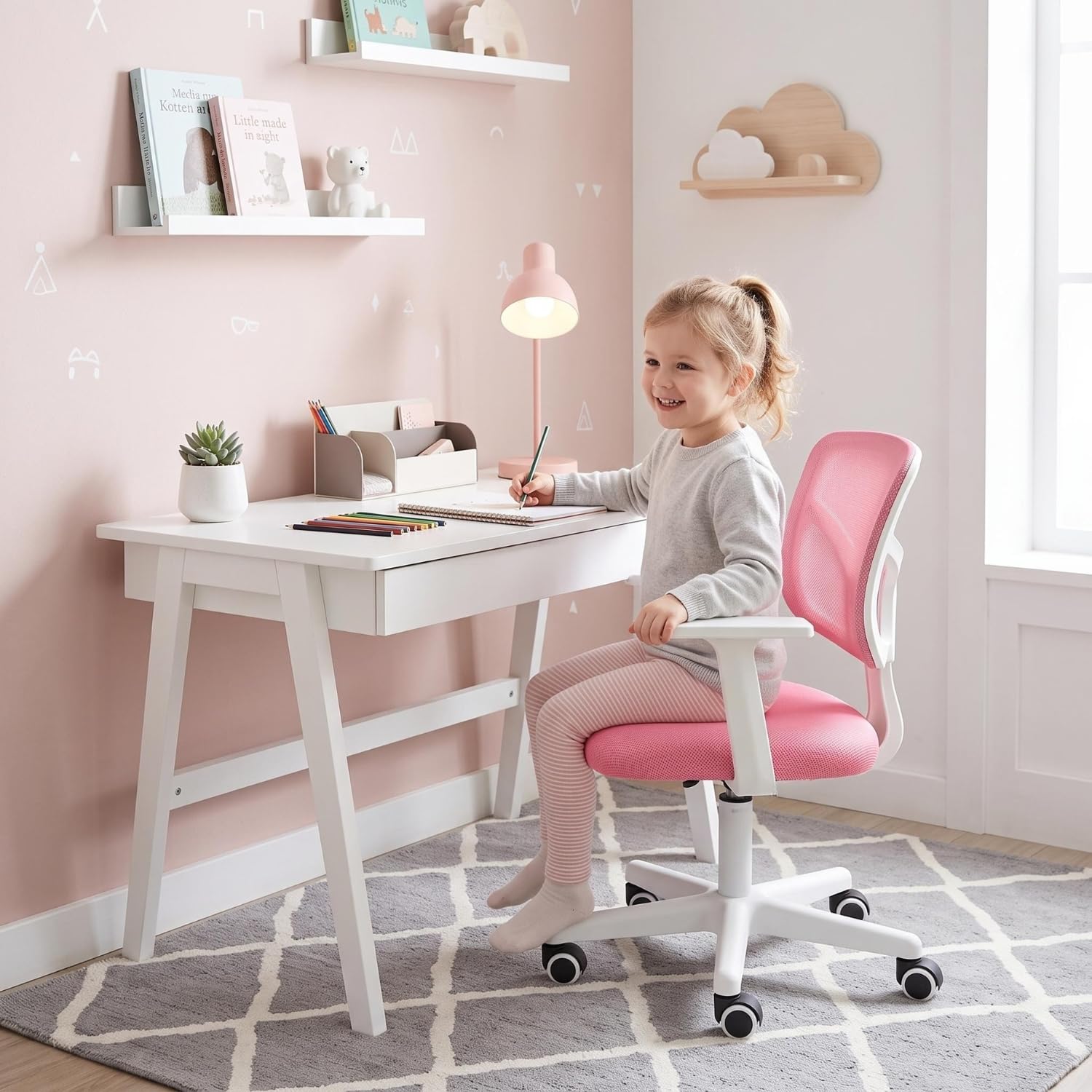 FurnitureR Chaise de Bureau pour Enfants, Chaise D'ordinateur pour Jeunes/Adolescents avec Maille Respirante, Pivotante Seat D'étude Réglable en Hauteur avec Accoudoirs, Rose 50 x 53 x 87cm