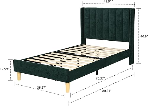 Miniatura 2 de TSLINN Cama tapizada de perfil bajo camas individuales con verde terciopelo