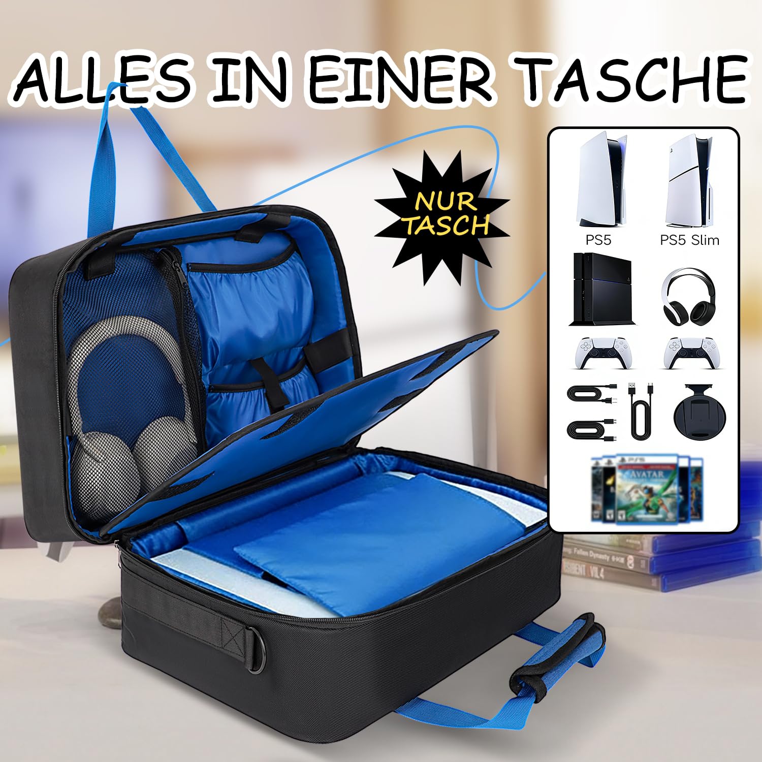 TavenRoa Tragetasche Kompatibel mit PS5/PS5 Slim, Schutztasche für PlayStation 5 Disc & Digital Edition, Organizer für Controller, Headset, Spiele Discs und Gaming Zubehör