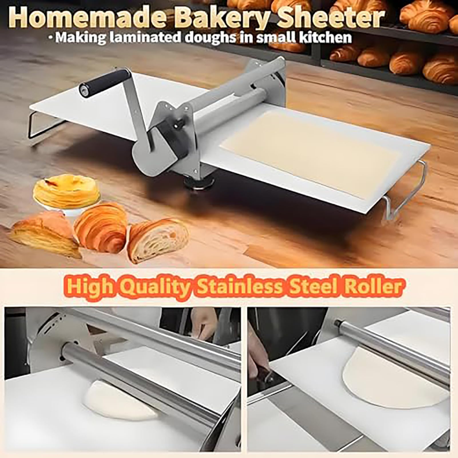 Laminoir Patisserie À Pâte Manuel Professionnel Laminoir Pate Feuilletée Manuel Inox Pliable, Épaisseur Réglable 0.04-0.68in (1-17.5mm)/0.02-1.06in(0.5-27mm),pour Croissants,Pizza & Pâtes