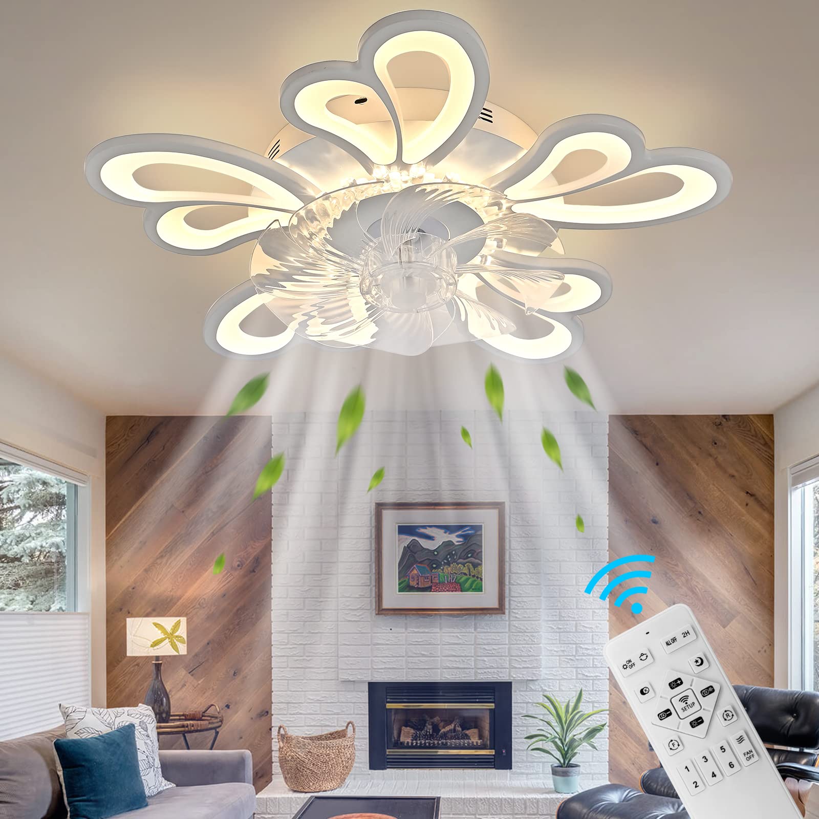 24 Inch Modern Ceiling Fan with Lights Remote Control, 6 Speed 3 Color Dimmable Ceiling Fan Lamp Silent Fandelier with Invisible Blades for Living Room Bedroom Home Decoration (Heart-shaped-B)