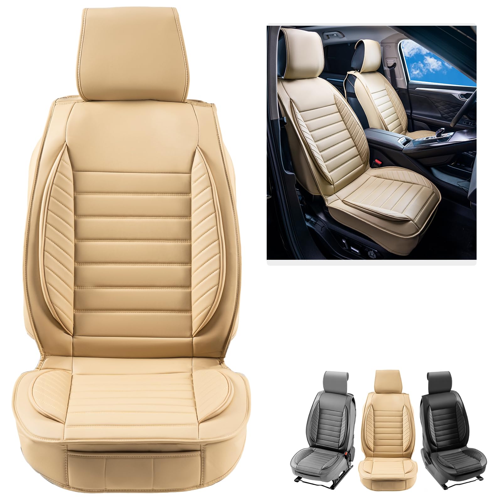 VEVOR Housses de siège de voiture universelles pour sièges avant, 2 pcs, housse de siège en simili-cuir, conception entièrement fermée, appuie-tête détachable, airbag, pour voitures SUV camions, beige