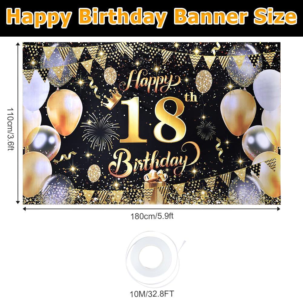 PartyYaa 18e verjaardag banner, 18e verjaardag deur banner decoraties, feest fotocabine achtergrond deur decor bord poster voor meisjes jongens (zwart goud