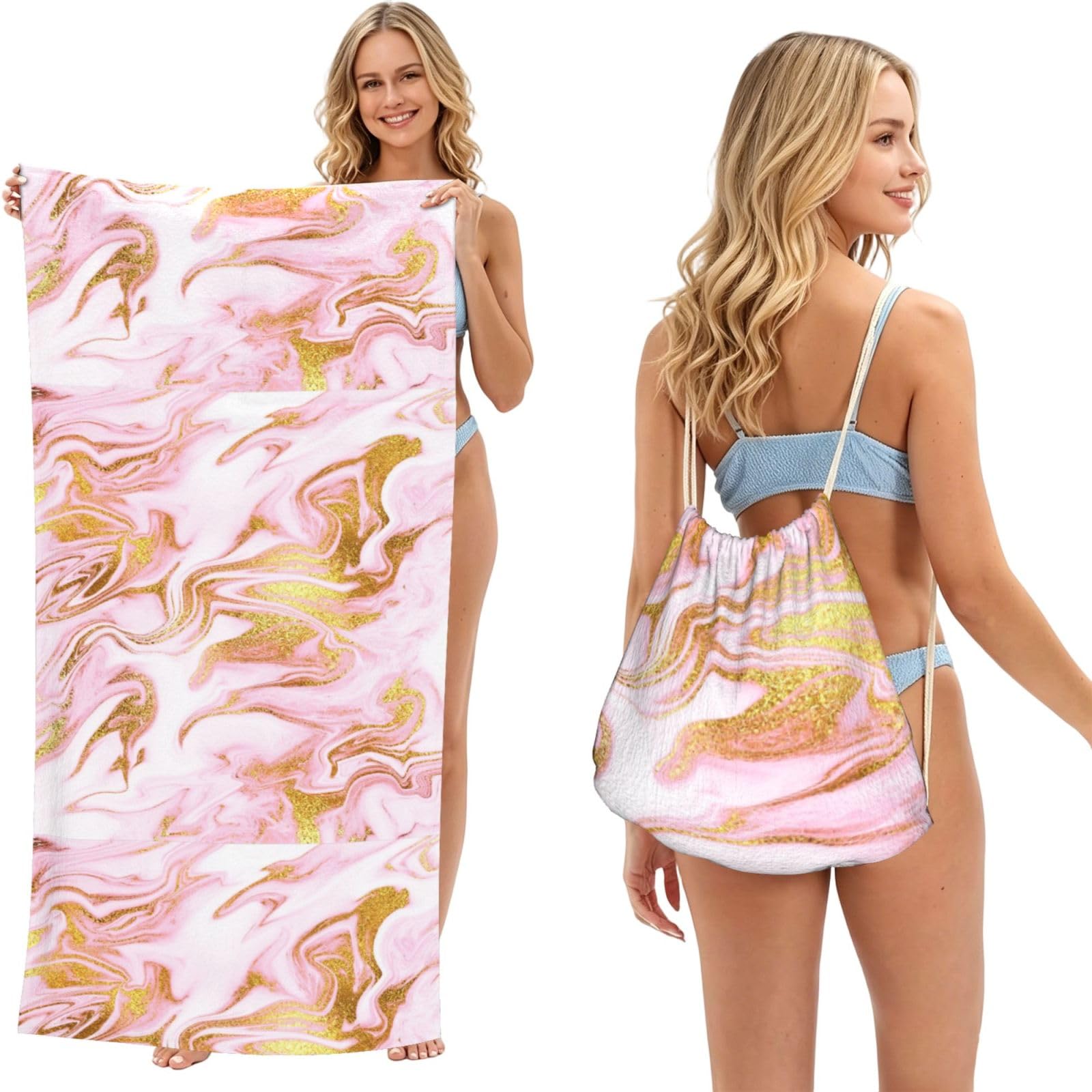 Poadnly As Picture Gold Sparkle Pink, 2 In 1 Packable Towel Bag, Beach Towels With Drawstring Backpack For Travel Holiday Camping