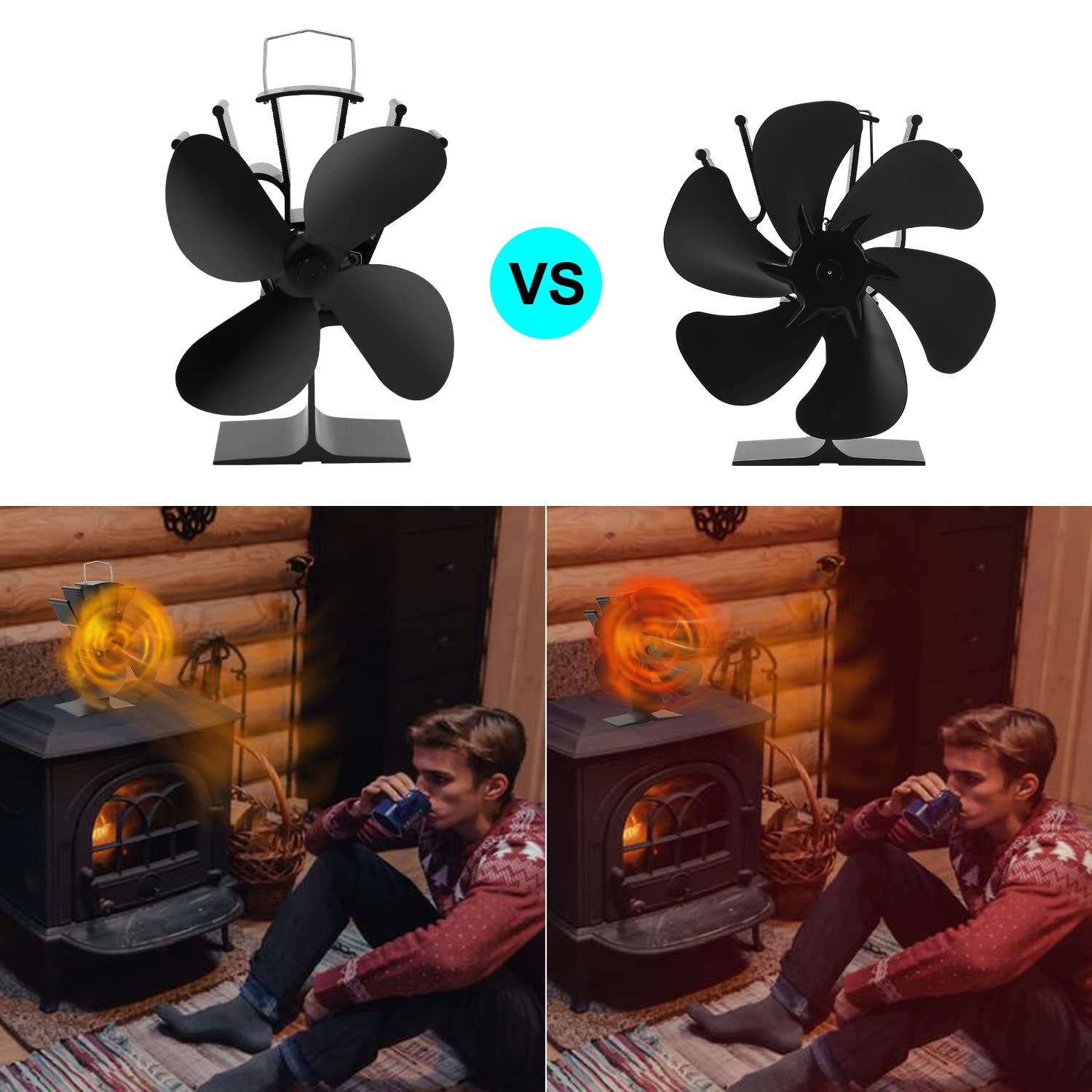 Ventilatore per camino da 6 fogli, senza corrente, funzionamento termico, ecologico, per camino, funzionamento silenzioso, con termometro magnetico