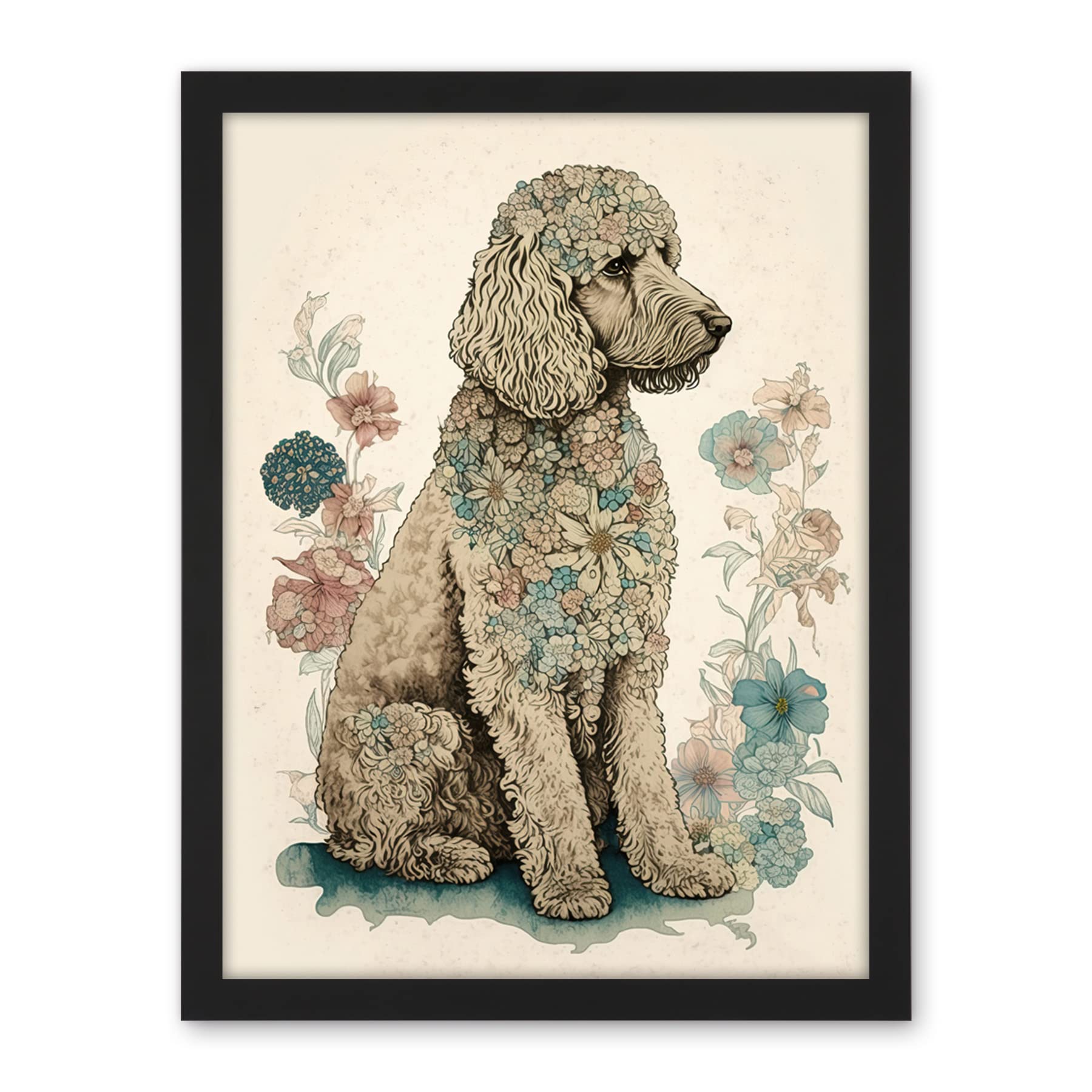 Artery8 Poodle Dog with Flower Fur Coat Modern Boho Watercolour Illustration Artwork Framed Wall Art Print 18X24 Inch