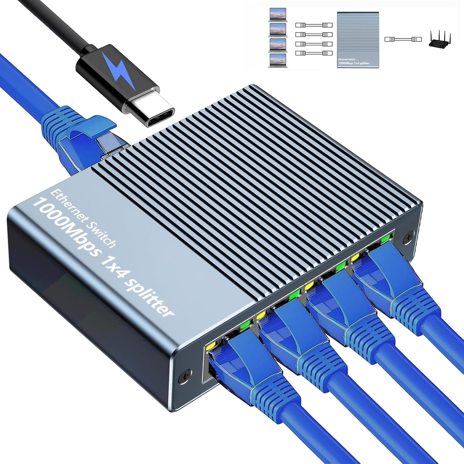 RJ45 Ethernet Splitter 1 to 4 Port, 1000Mbps Gigabit LAN Network Adapter with USB C Power Cable, High Speed Internet Extender for Cat5 Cat5e Cat6 Cat7 Cat8, Router, PC & Laptop-image-34