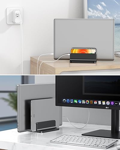 Miniatura 6 de OMOTON Soporte vertical para laptop versión Dock actualizada, soporte de escritorio doble con base ajustable (hasta 17.3 pulgadas), se adapta a