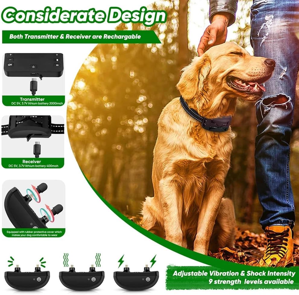 Wireless Dog Fence Electric Training Collar 2-in-1, Waterproof Collar Receiver, Adjustable Vibration & Shock, Electric Pet Fence for Stubborn Dogs, Pet Boundary Containment System,for2dogs