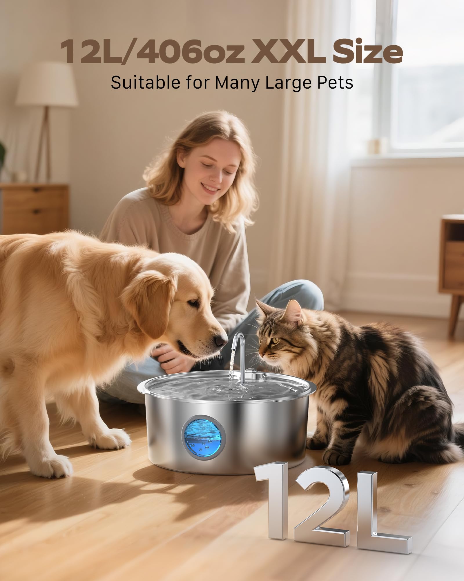 Dog Water Fountain for Large Dogs: Stainless Steel Dog Fountain Water Bowl - 3.2Gal/406oz/12L Super Quiet Big Cat Water Fountain with Visual Water Level -Great for Large Dogs Cats and Multi-Pet Home - image 3