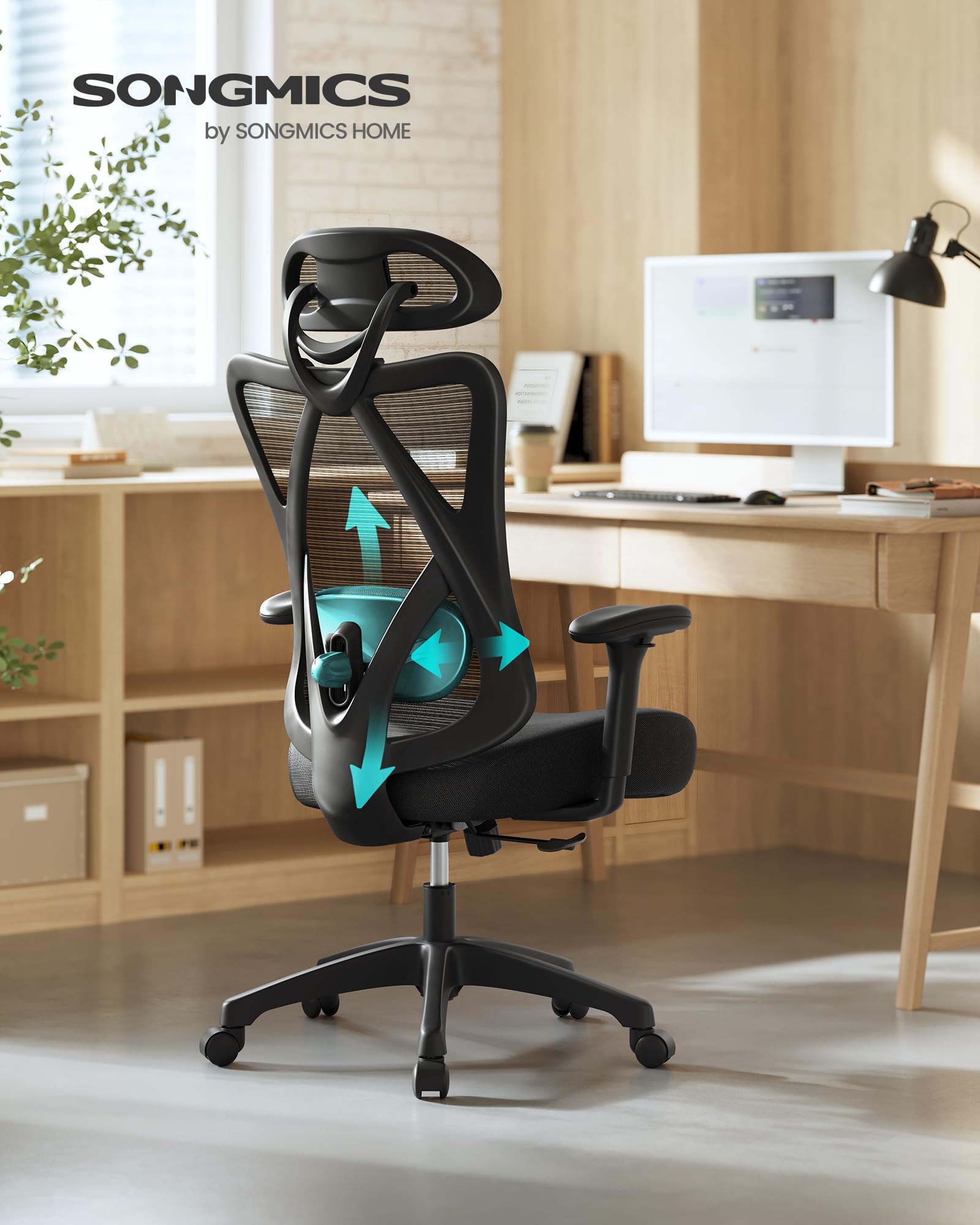 SONGMICS Ergonomischer Bürostuhl, Computerstuhl, Mesh-Stuhl, Lendenkissen und Kopfstütze verstellbar, maximale Belastung: 150 kg, höhenverstellbar, Tintenschwarz, OBN063B01