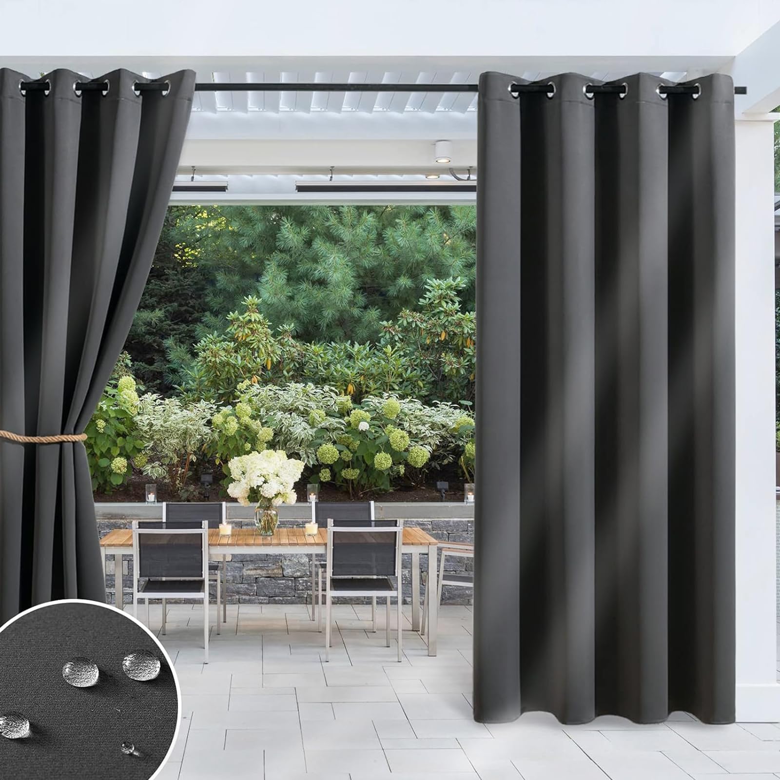 Vueinrg Cortinas Exterior Impermeable con Anillos,Cortinas Opacas de Exterior,Cortinas de Porche Aislamiento Térmico Protección UV para porche, pergolas de jardin y terraza -1 Pieza (132x215 cm, Gris)