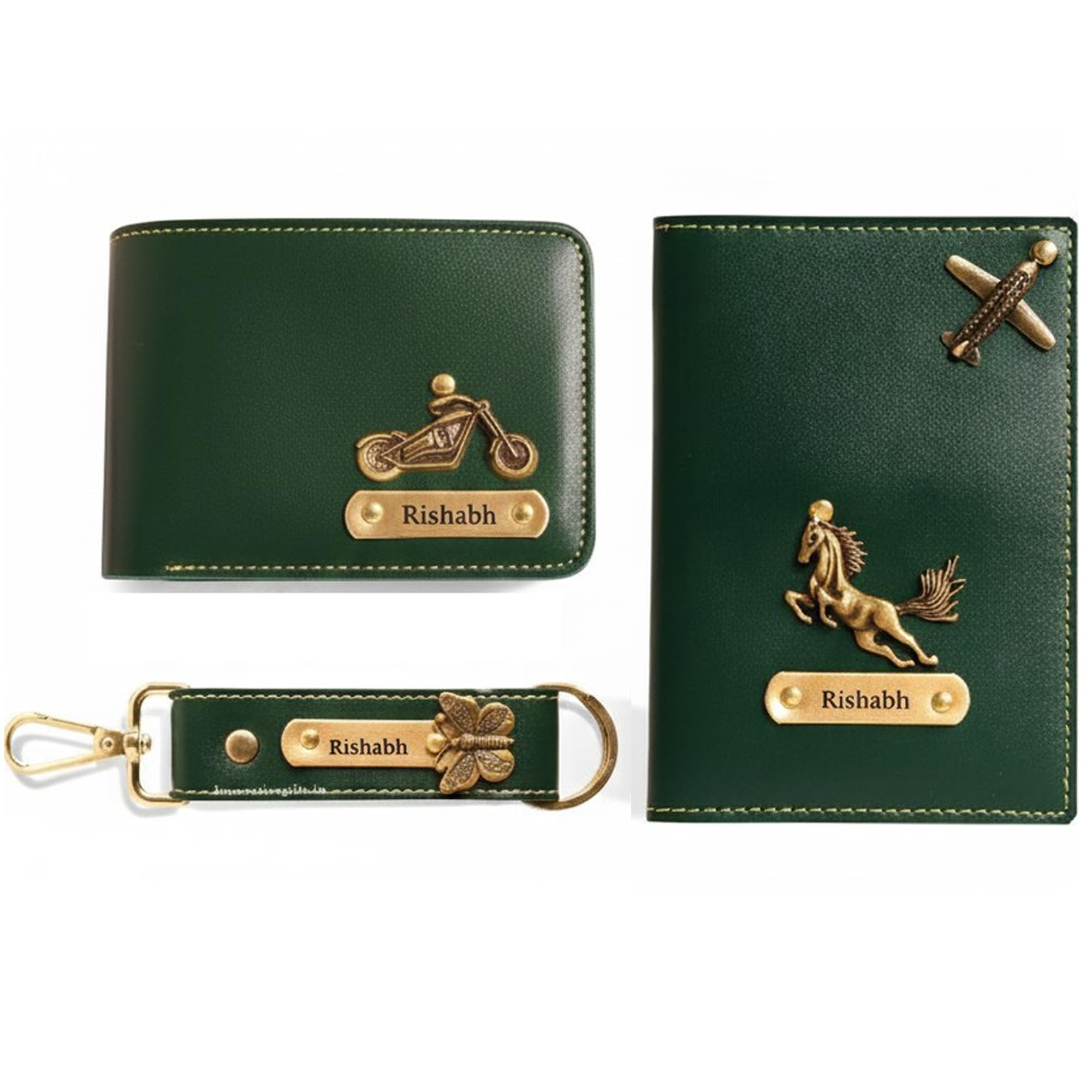Personalized Green Leather Wallet, Passport Holder, and Keychain Set with Gold Metal Embellishments, Custom Name Engraving-image-43