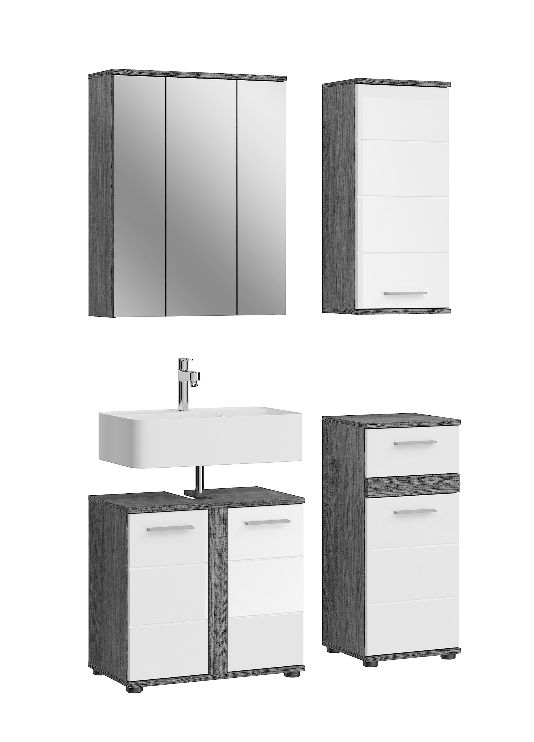Badezimmer Blake 4-tlg. Badmöbel-Set – Weiß Hochglanz mit rauchsilber Nachbildung
